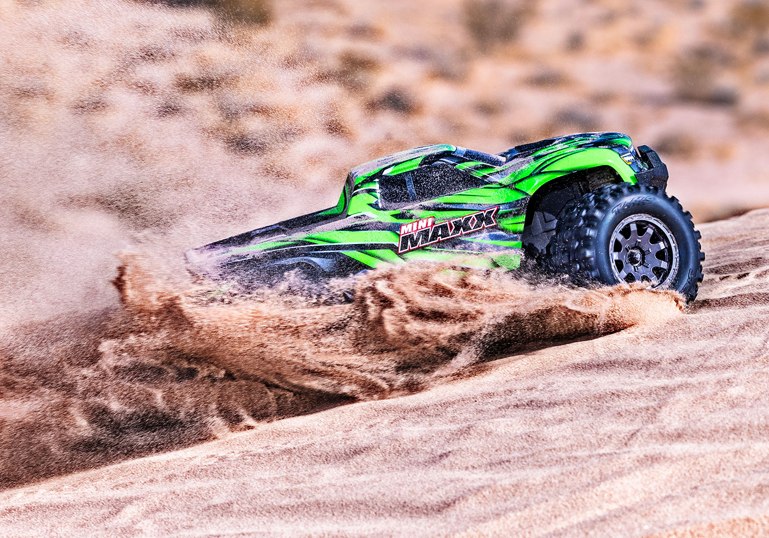 An action shot of the Mini Maxx BL-2S Ready to Run (Green) (TRA107154-1-GRN).