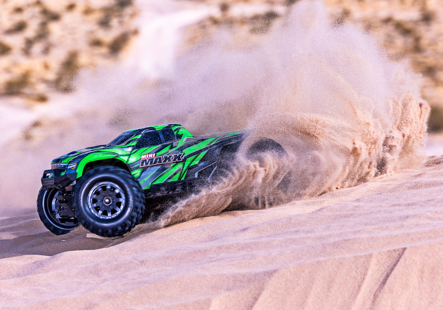 An action shot of the Mini Maxx BL-2S Ready to Run (Green) (TRA107154-1-GRN).