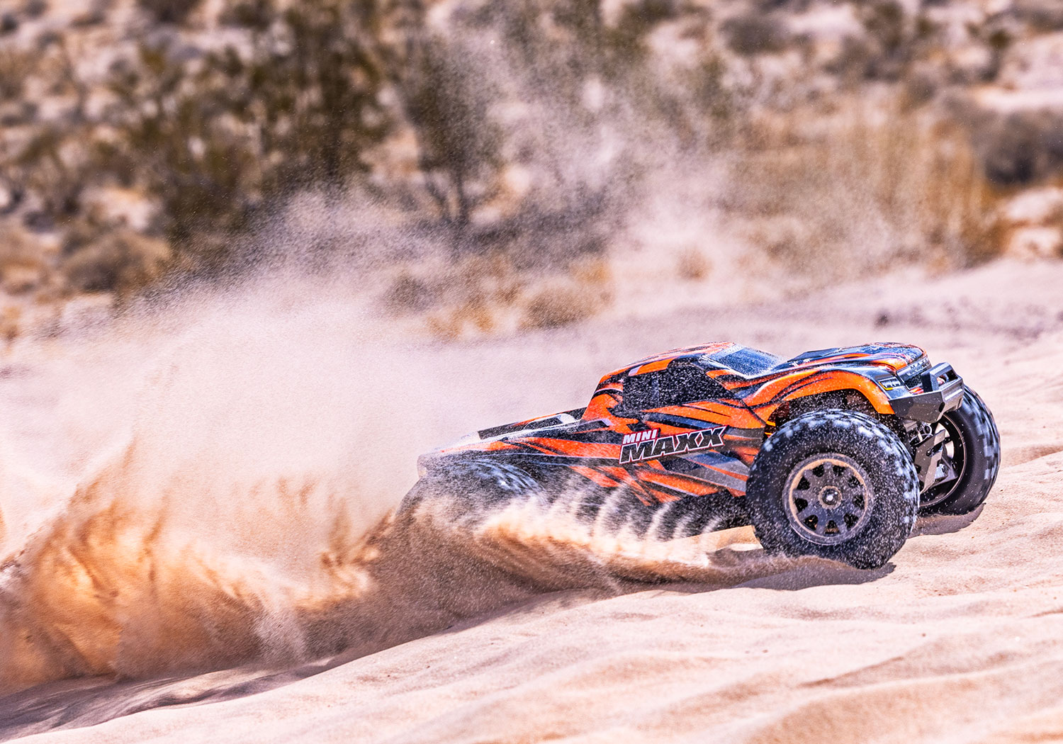 An action shot of the Mini Maxx BL-2S Ready to Run (Green) (TRA107154-1-GRN).