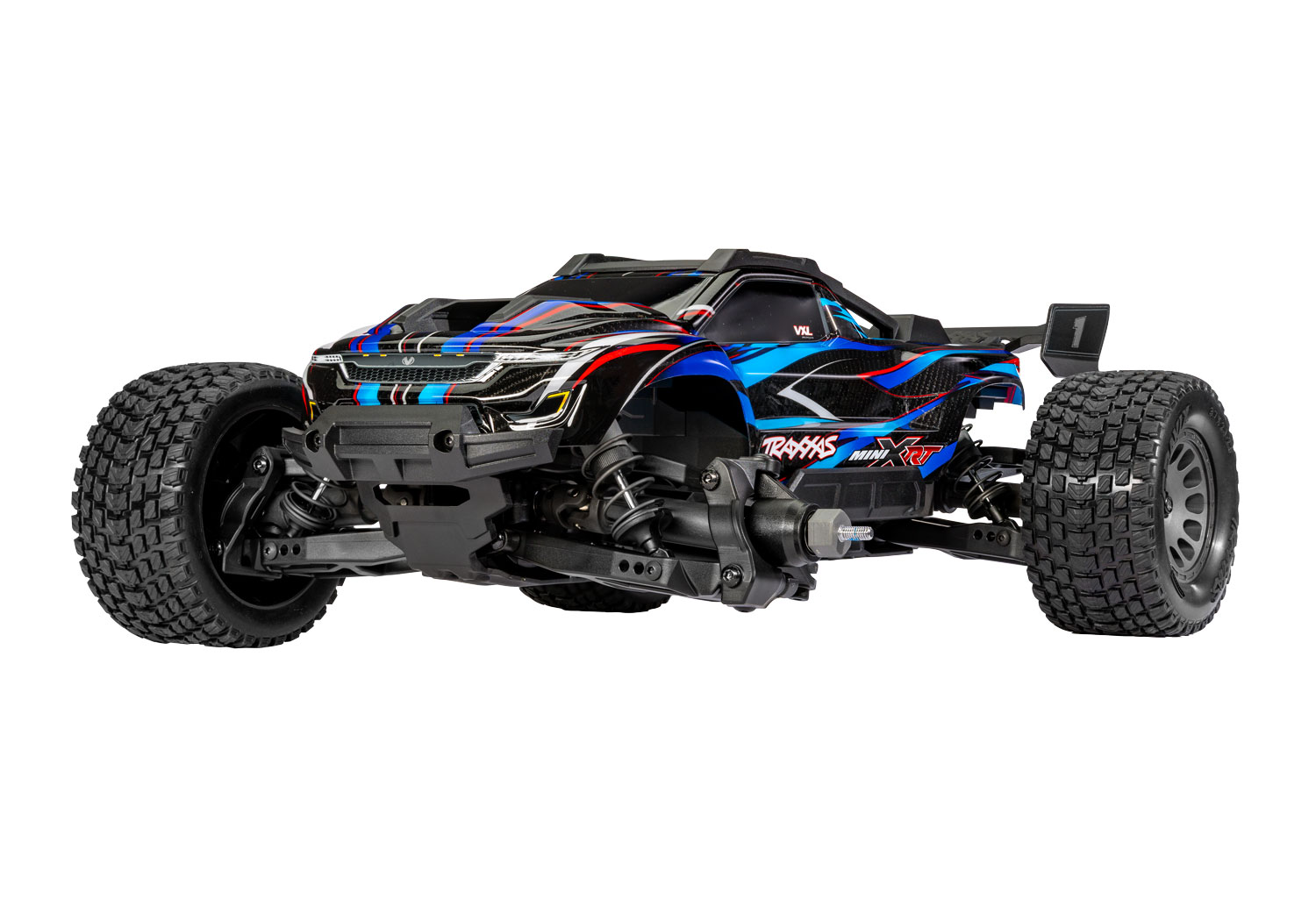 A detail shot of the Mini XRT Ready to Run with Battery and Charger (Blue) (TRA108076-1-BLUE).
