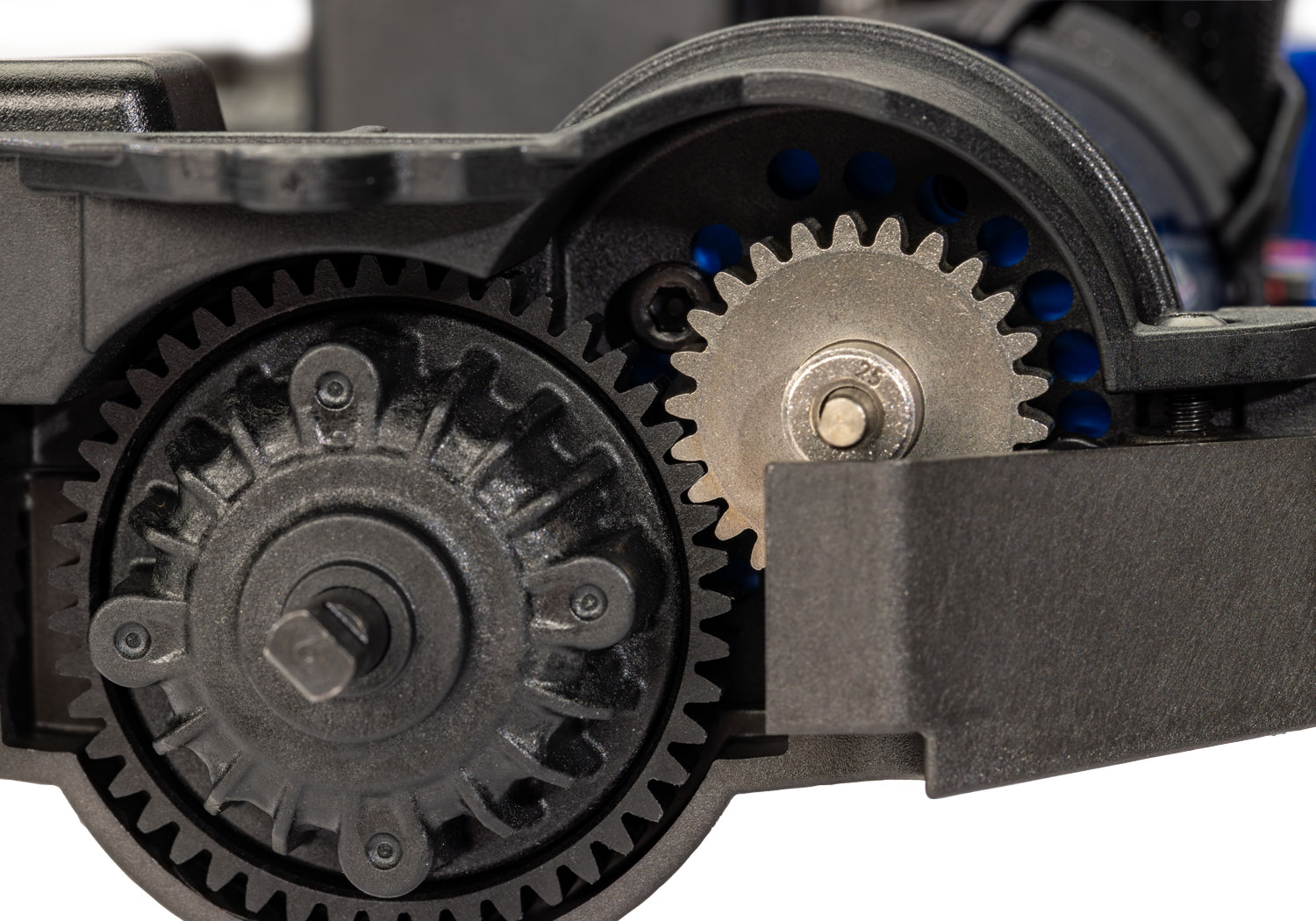 A detail shot of the Mini XRT Ready to Run with Battery and Charger (Blue) (TRA108076-1-BLUE).