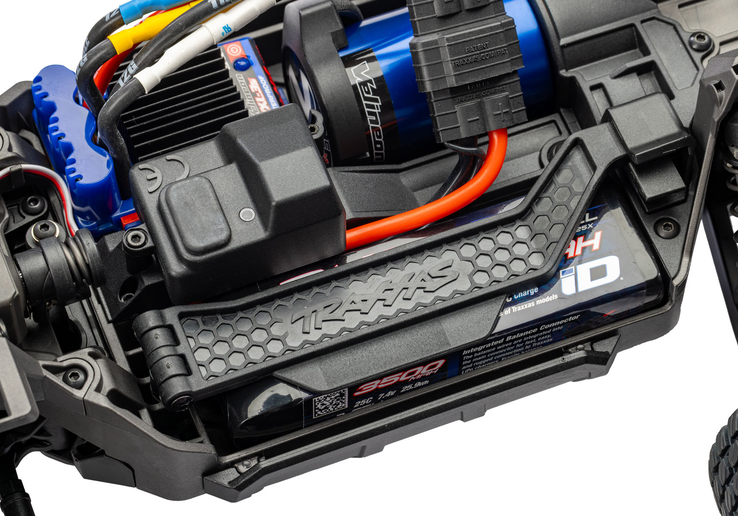 A detail shot of the Mini XRT Ready to Run with Battery and Charger (Blue) (TRA108076-1-BLUE).