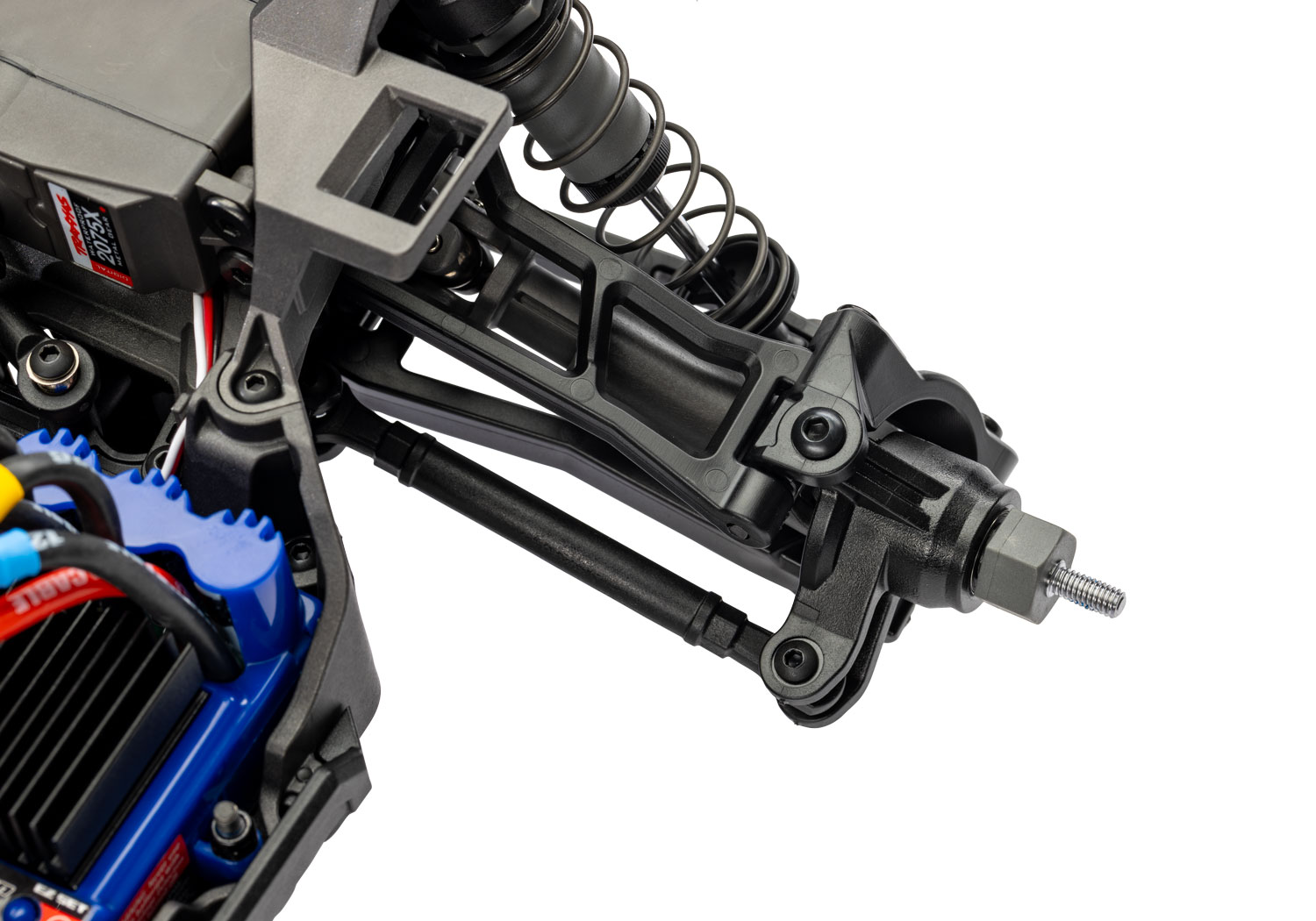 A detail shot of the Mini XRT Ready to Run with Battery and Charger (Blue) (TRA108076-1-BLUE).