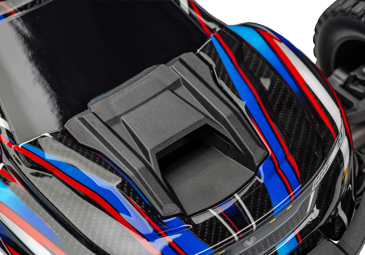 A detail shot of the Mini XRT Ready to Run with Battery and Charger (Blue) (TRA108076-1-BLUE).