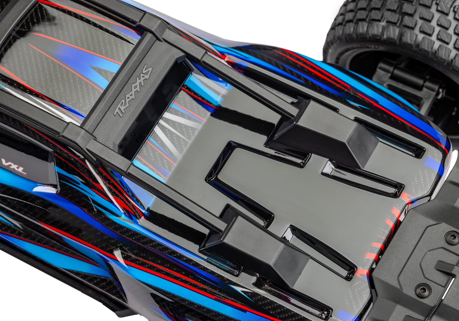 A detail shot of the Mini XRT Ready to Run with Battery and Charger (Blue) (TRA108076-1-BLUE).