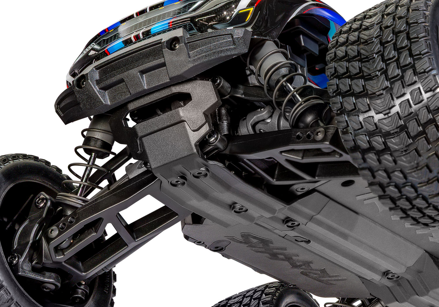 A detail shot of the Mini XRT Ready to Run with Battery and Charger (Blue) (TRA108076-1-BLUE).