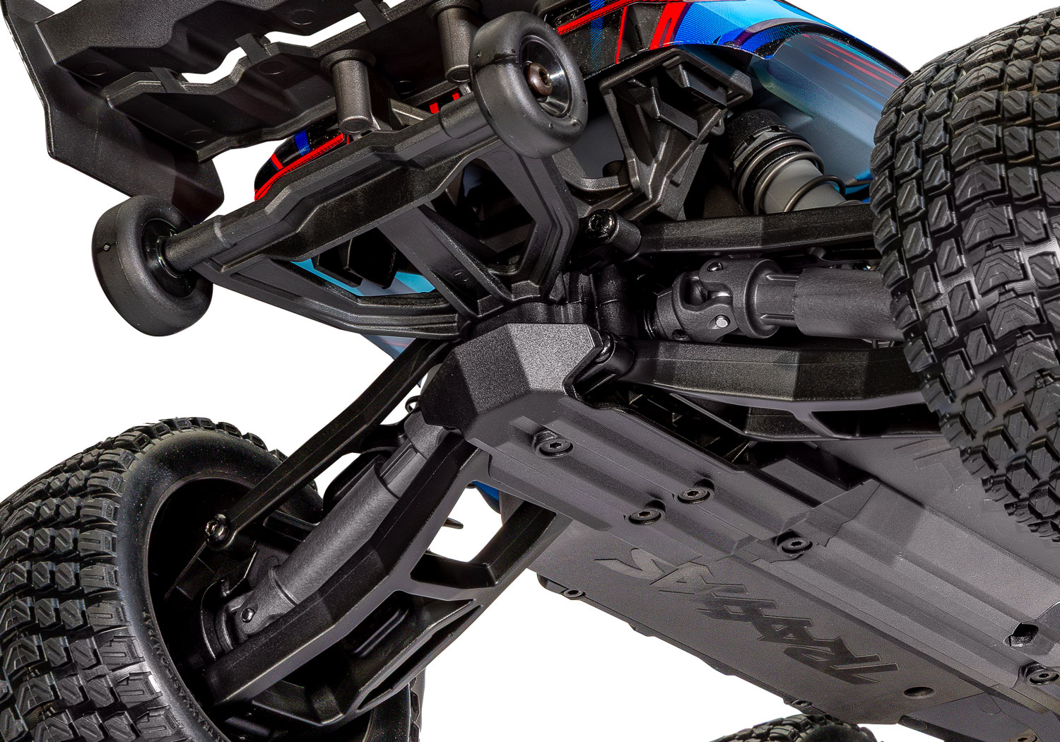 A detail shot of the Mini XRT Ready to Run with Battery and Charger (Blue) (TRA108076-1-BLUE).