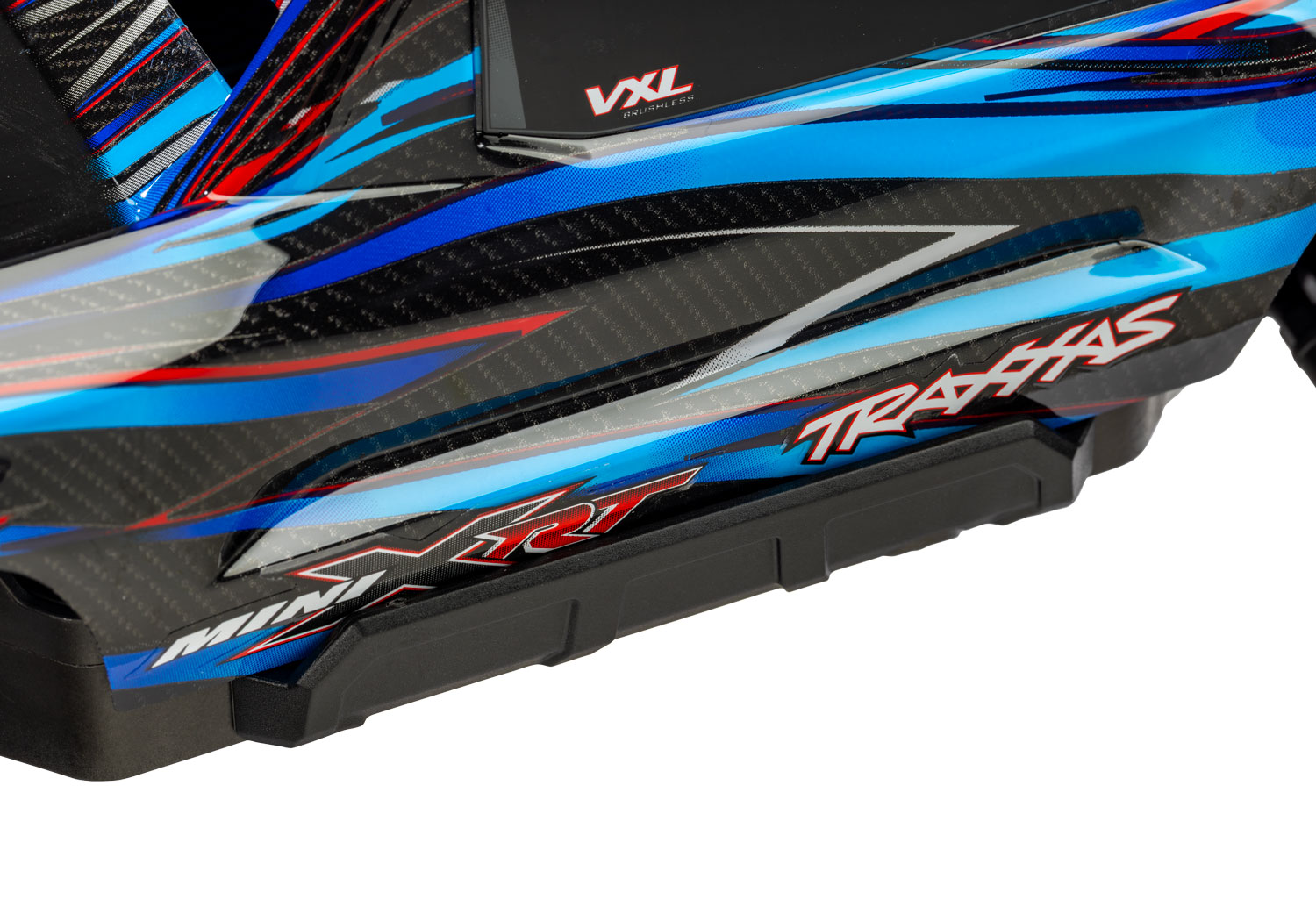 A detail shot of the Mini XRT Ready to Run with Battery and Charger (Blue) (TRA108076-1-BLUE).