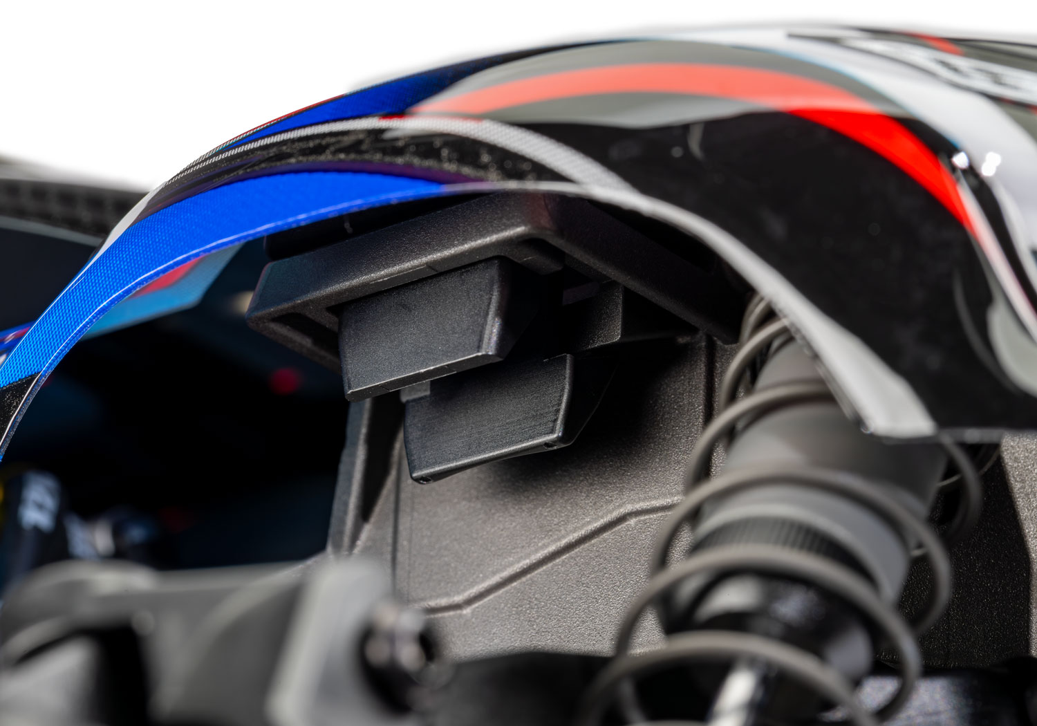 A detail shot of the Mini XRT Ready to Run with Battery and Charger (Blue) (TRA108076-1-BLUE).
