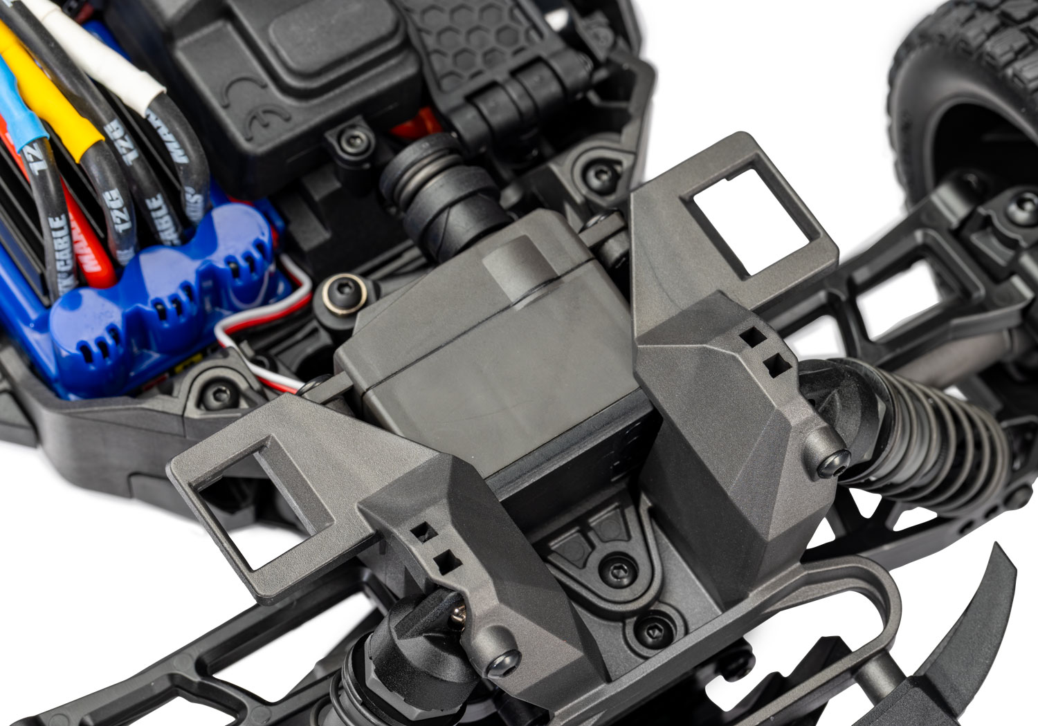 A detail shot of the Mini XRT Ready to Run with Battery and Charger (Blue) (TRA108076-1-BLUE).