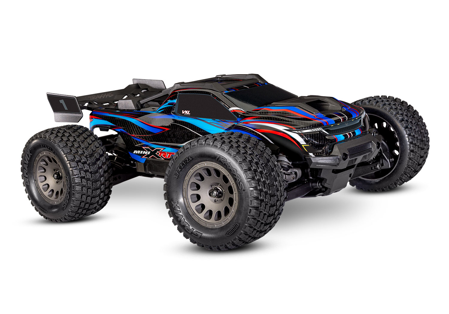 A studio shot of the Mini XRT Ready to Run with Battery and Charger (Blue) (TRA108076-1-BLUE).