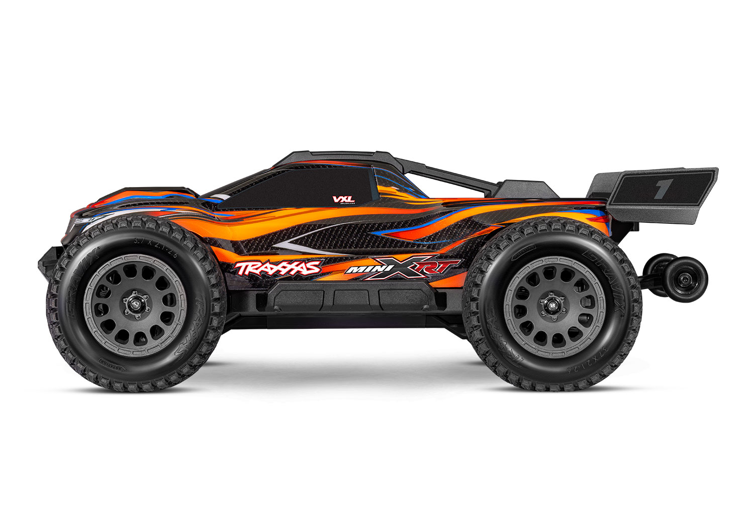A studio shot of the Mini XRT VXL Ready to Run with Battery and Charger (Orange) (TRA108076-1-ORNG).