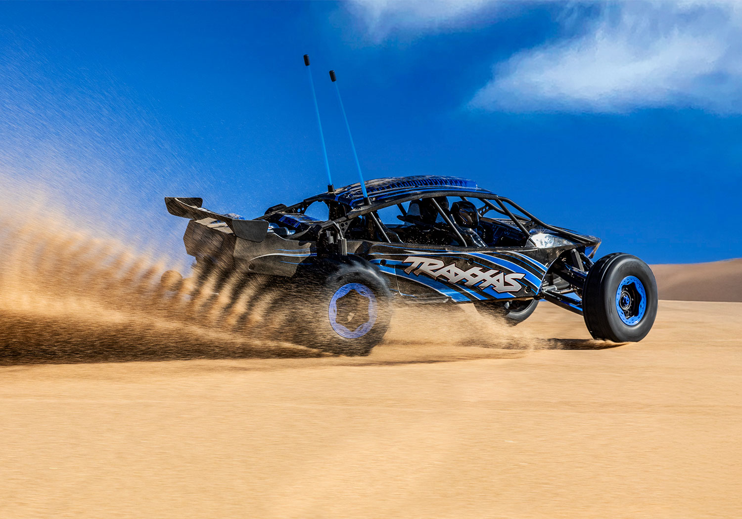 An action shot of the Funco Motorsports Pro Scale Sand Car Ready to Run (Blue) (TRA109076-4-BLUE).