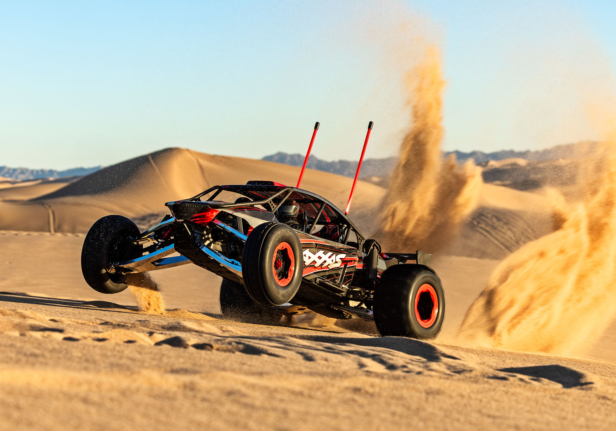 An action shot of the Funco Motorsports Pro Scale Sand Car Ready to Run (Blue) (TRA109076-4-BLUE).