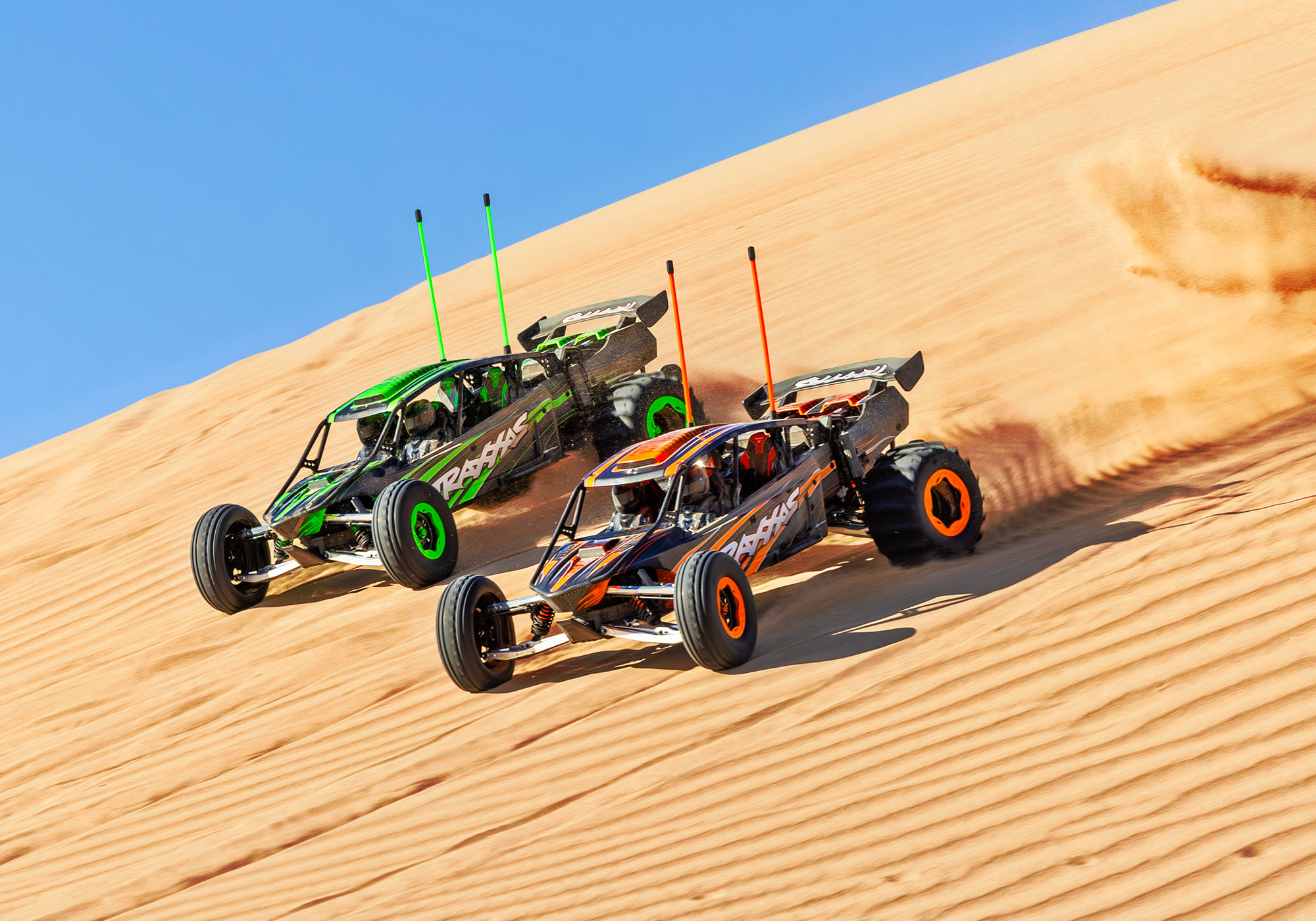 An action shot of the Funco Motorsports Pro Scale Sand Car Ready to Run (Blue) (TRA109076-4-BLUE).