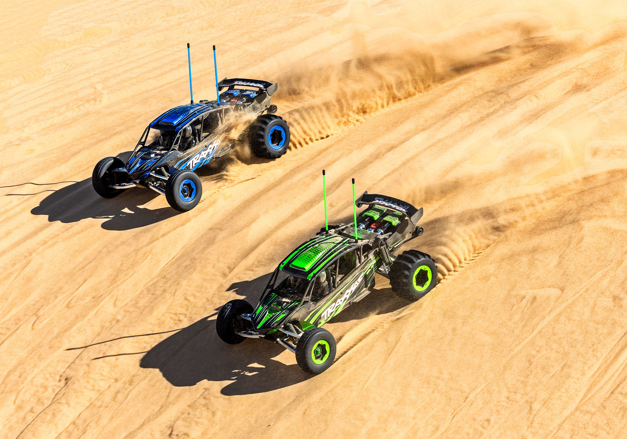 An action shot of the Funco Motorsports Pro Scale Sand Car Ready to Run (Blue) (TRA109076-4-BLUE).