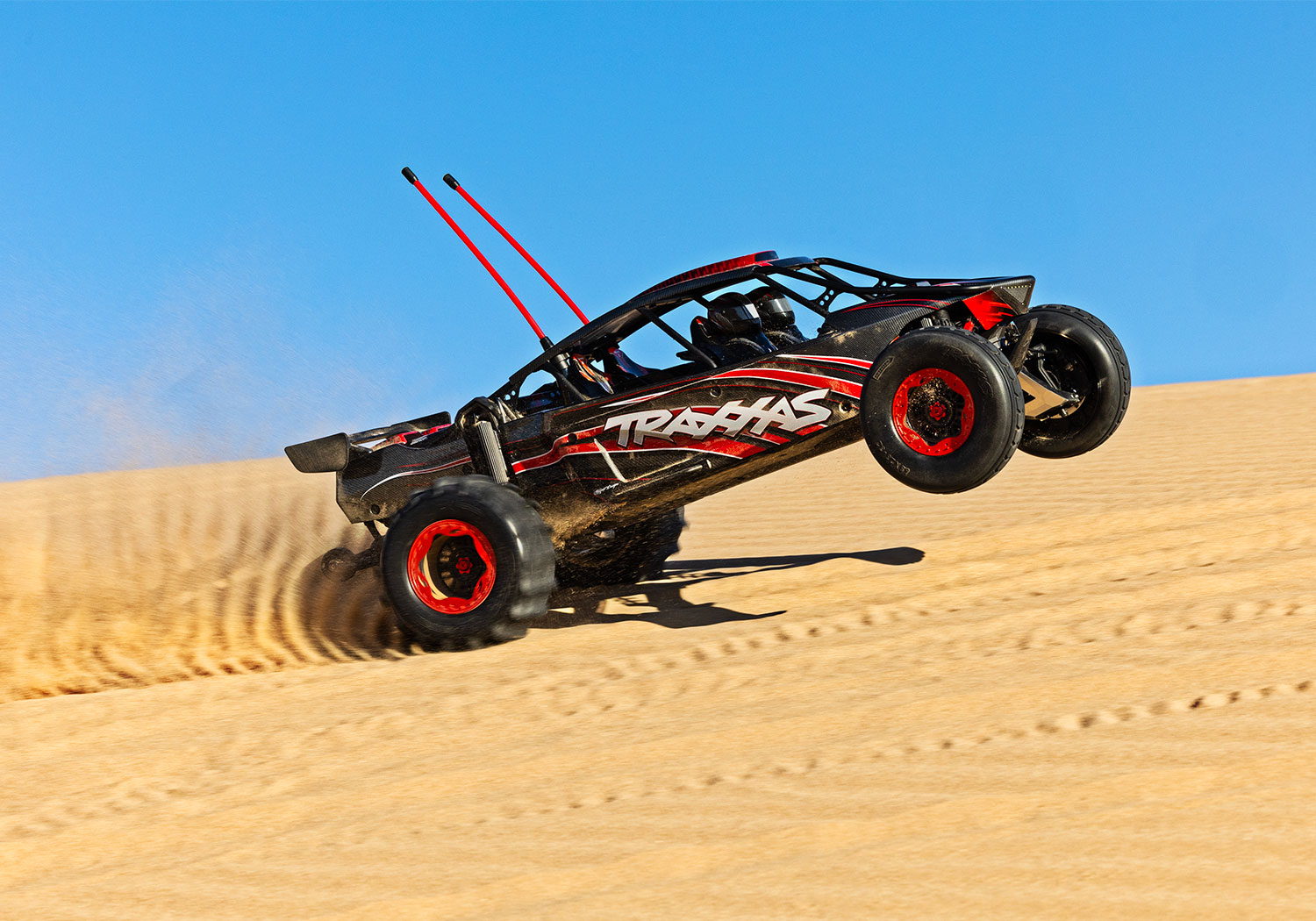 An action shot of the Funco Motorsports Pro Scale Sand Car Ready to Run (Blue) (TRA109076-4-BLUE).