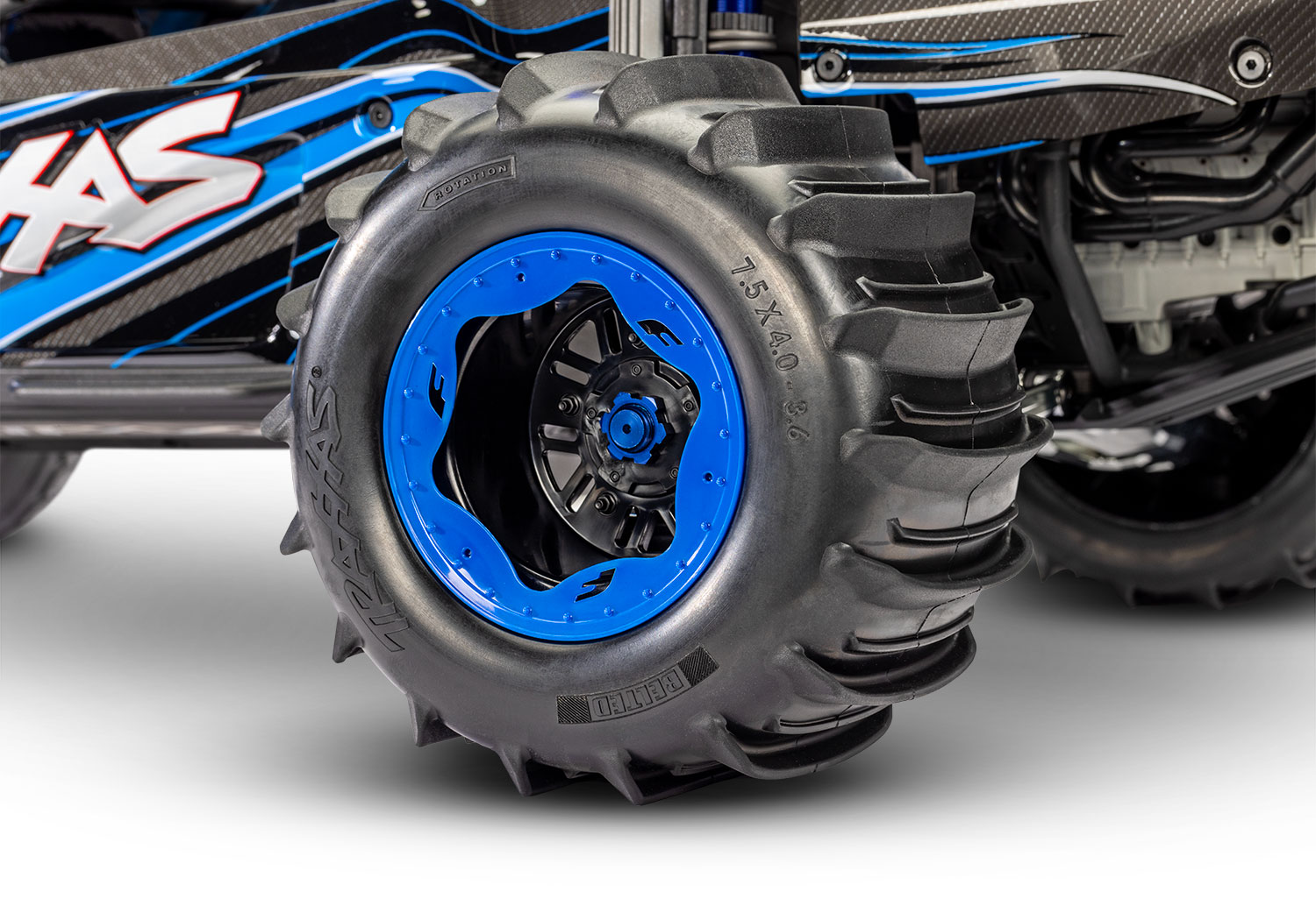 A detail shot of the Funco Motorsports Pro Scale Sand Car Ready to Run (Blue) (TRA109076-4-BLUE).