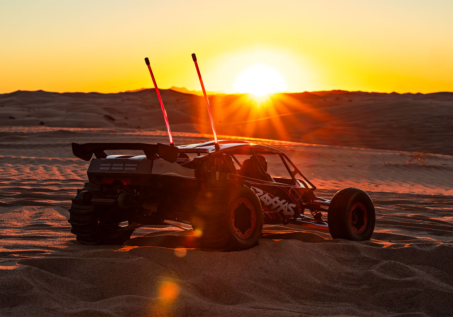 An action shot of the Funco Motorsports Pro Scale Sand Car Ready to Run (Orange) (TRA109076-4-ORNG).