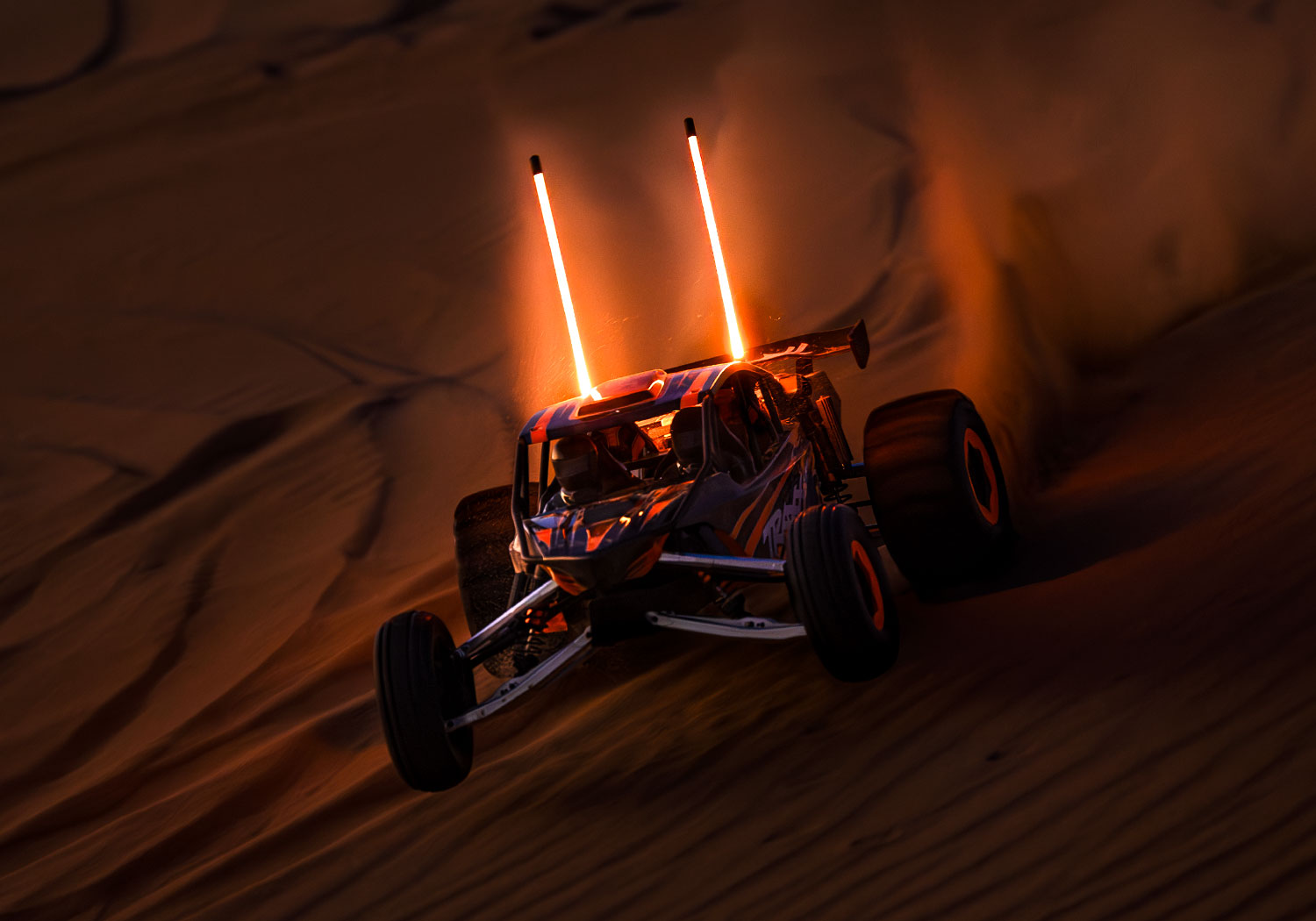 An action shot of the Funco Motorsports Pro Scale Sand Car Ready to Run (Orange) (TRA109076-4-ORNG).