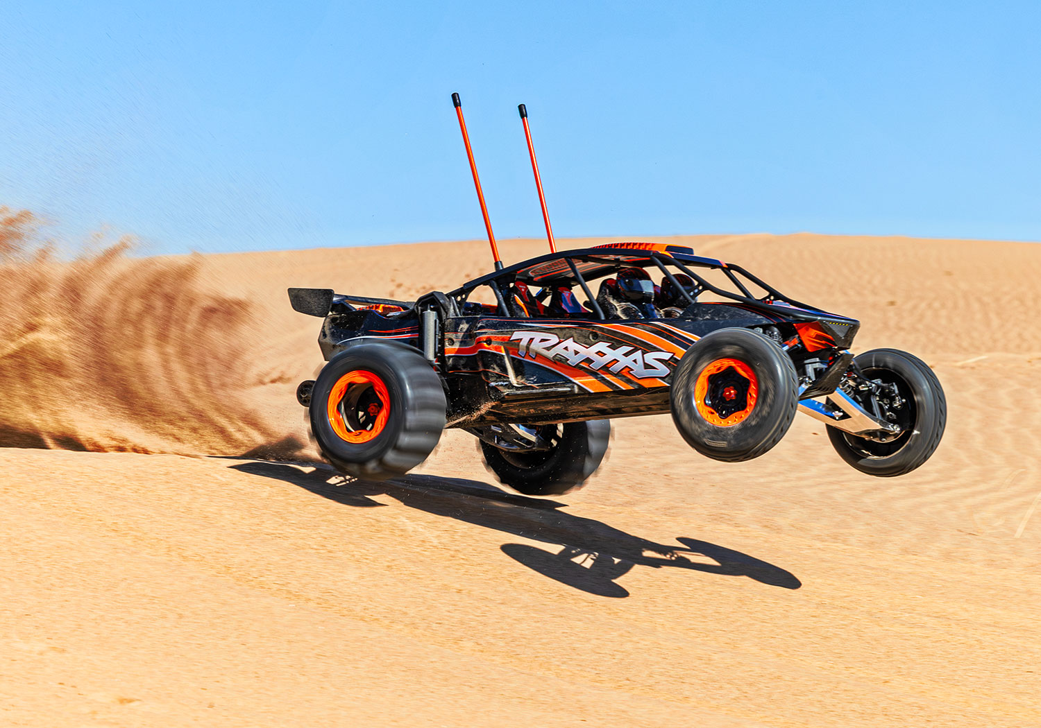 An action shot of the Funco Motorsports Pro Scale Sand Car Ready to Run (Orange) (TRA109076-4-ORNG).