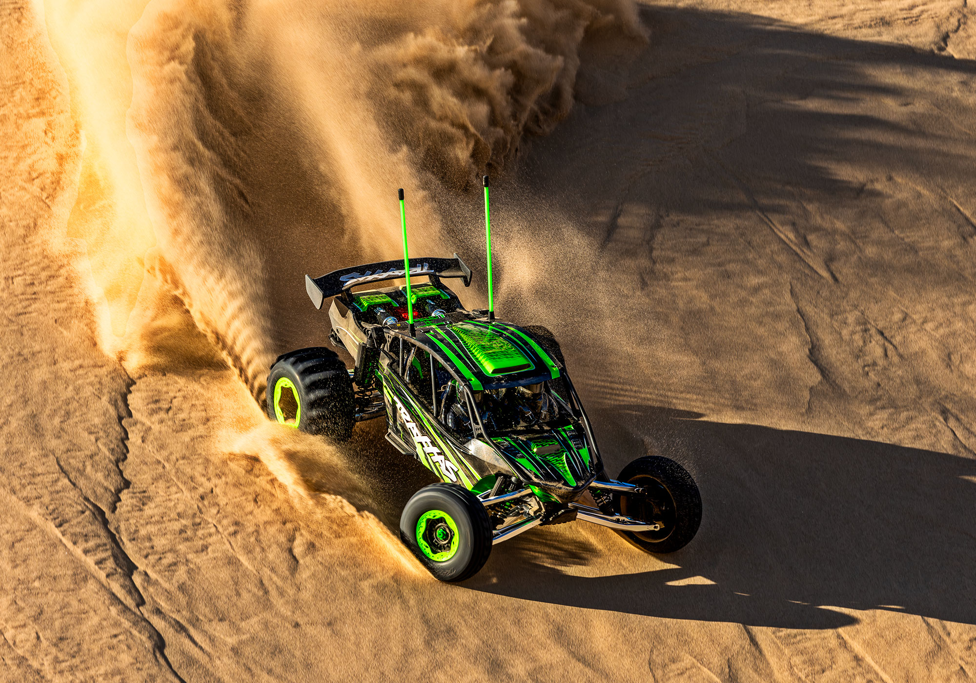 An action shot of the Funco Motorsports Pro Scale Sand Car Ready to Run (Orange) (TRA109076-4-ORNG).