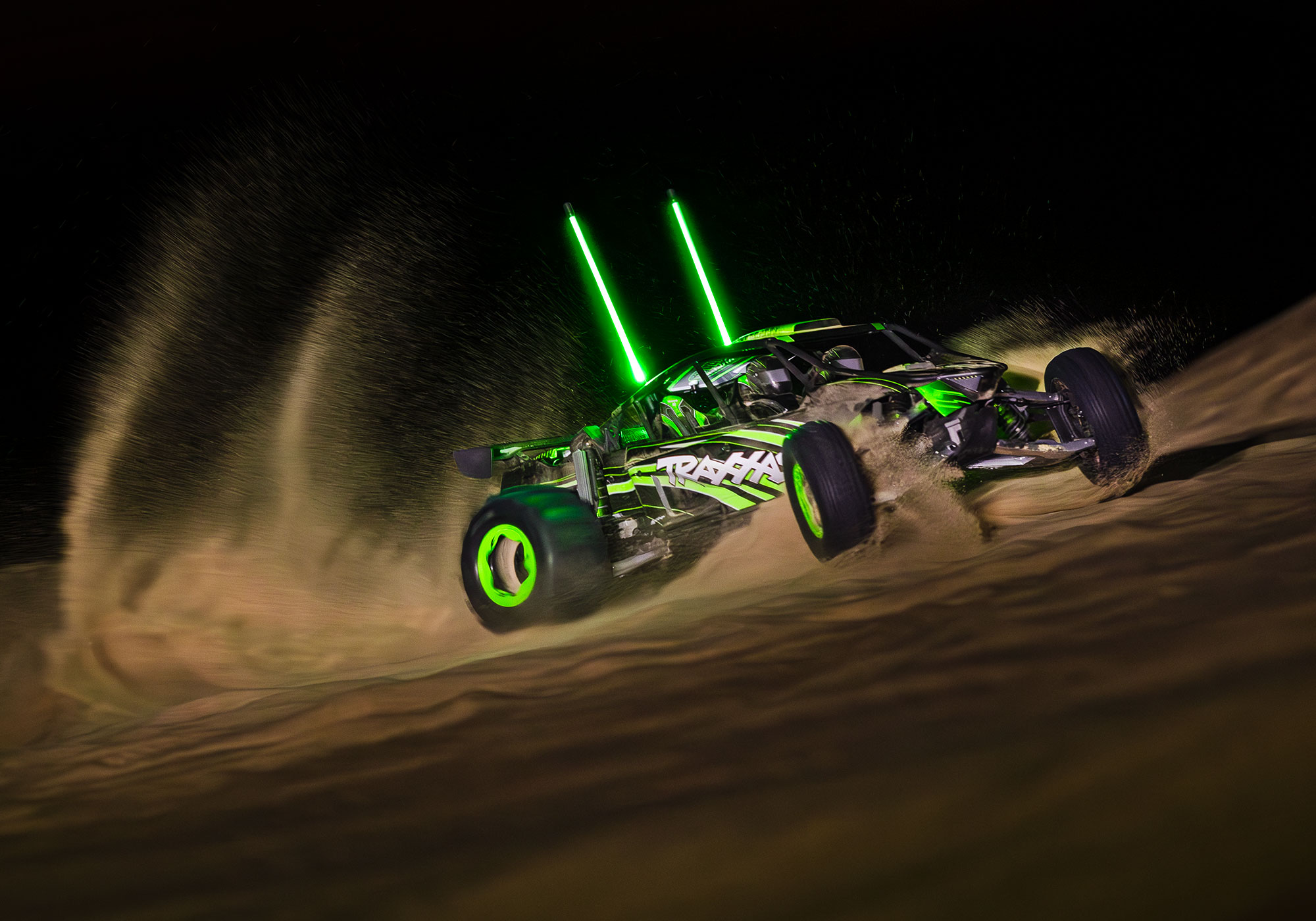 An action shot of the Funco Motorsports Pro Scale Sand Car Ready to Run (Orange) (TRA109076-4-ORNG).