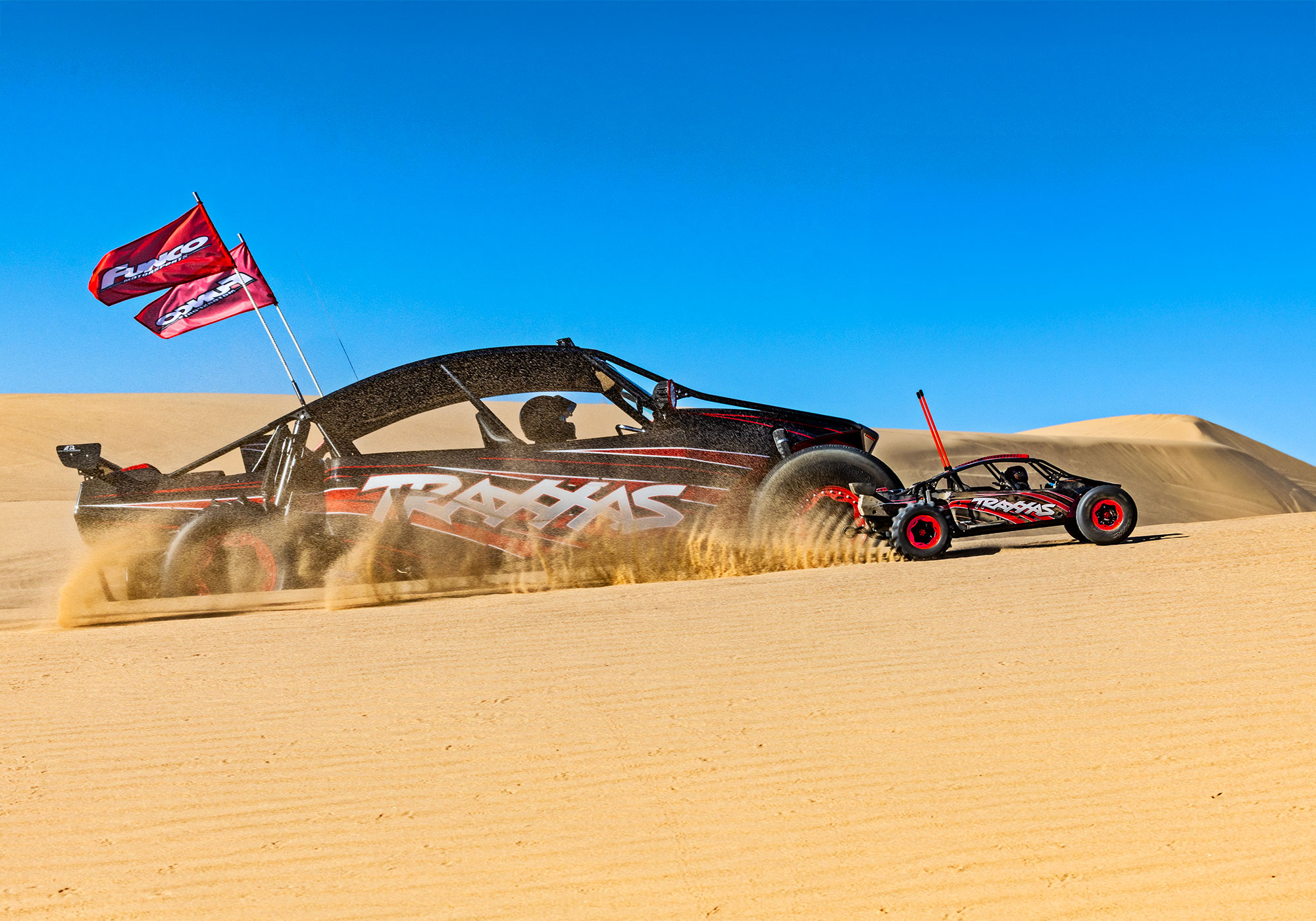 An action shot of the Funco Motorsports Pro Scale Sand Car Ready to Run (Orange) (TRA109076-4-ORNG).