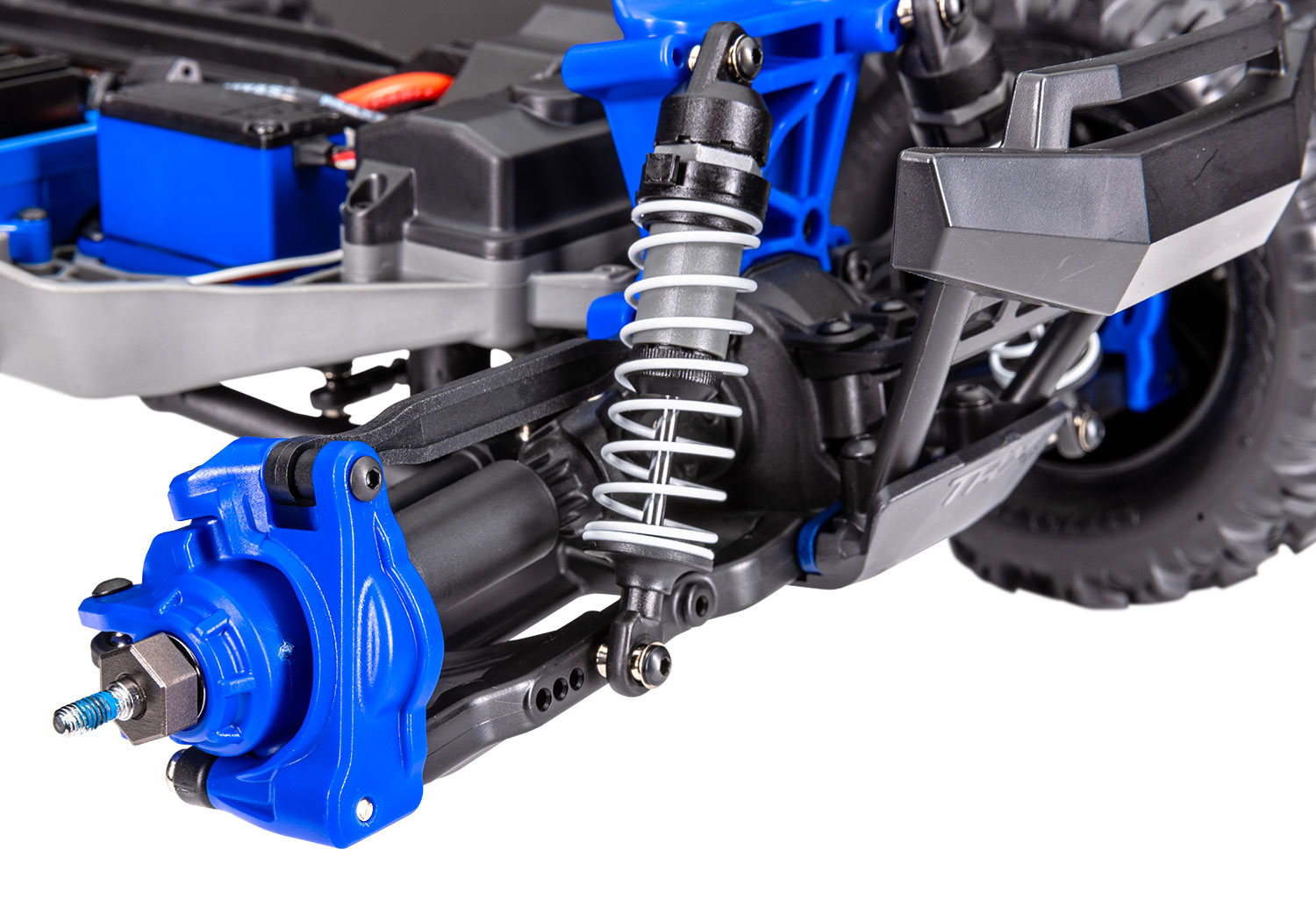 A detail shot of the 1/10 Stampede 4x4 BL-2S Ready to Run (Blue) (TRA67154-4-BLUE).
