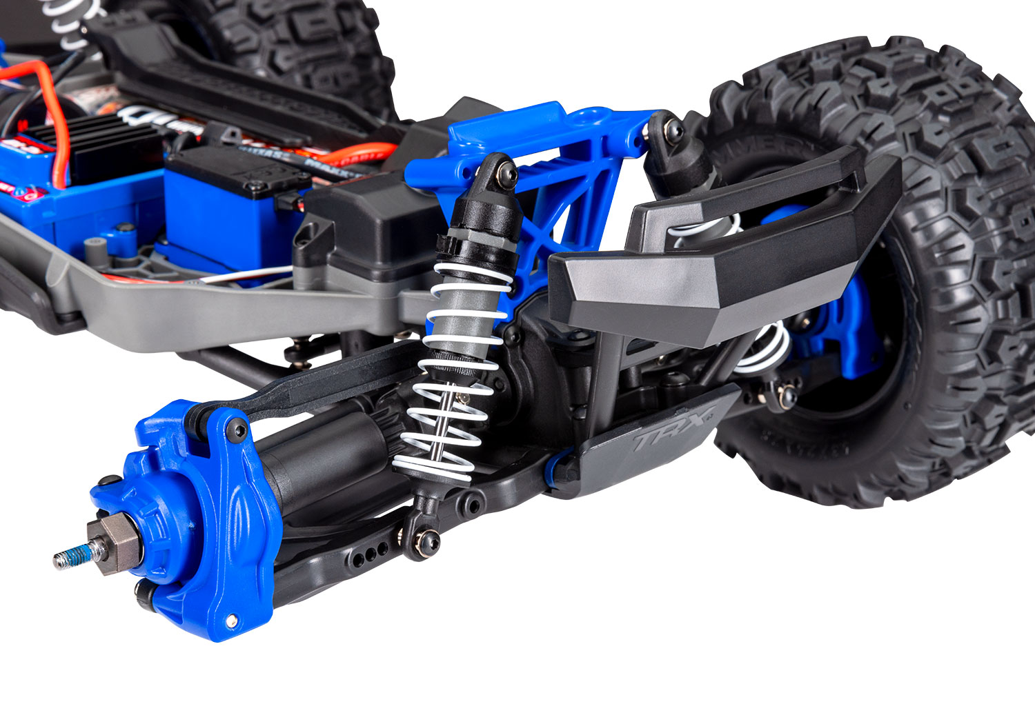 A detail shot of the 1/10 Stampede 4x4 BL-2S Ready to Run (Blue) (TRA67154-4-BLUE).