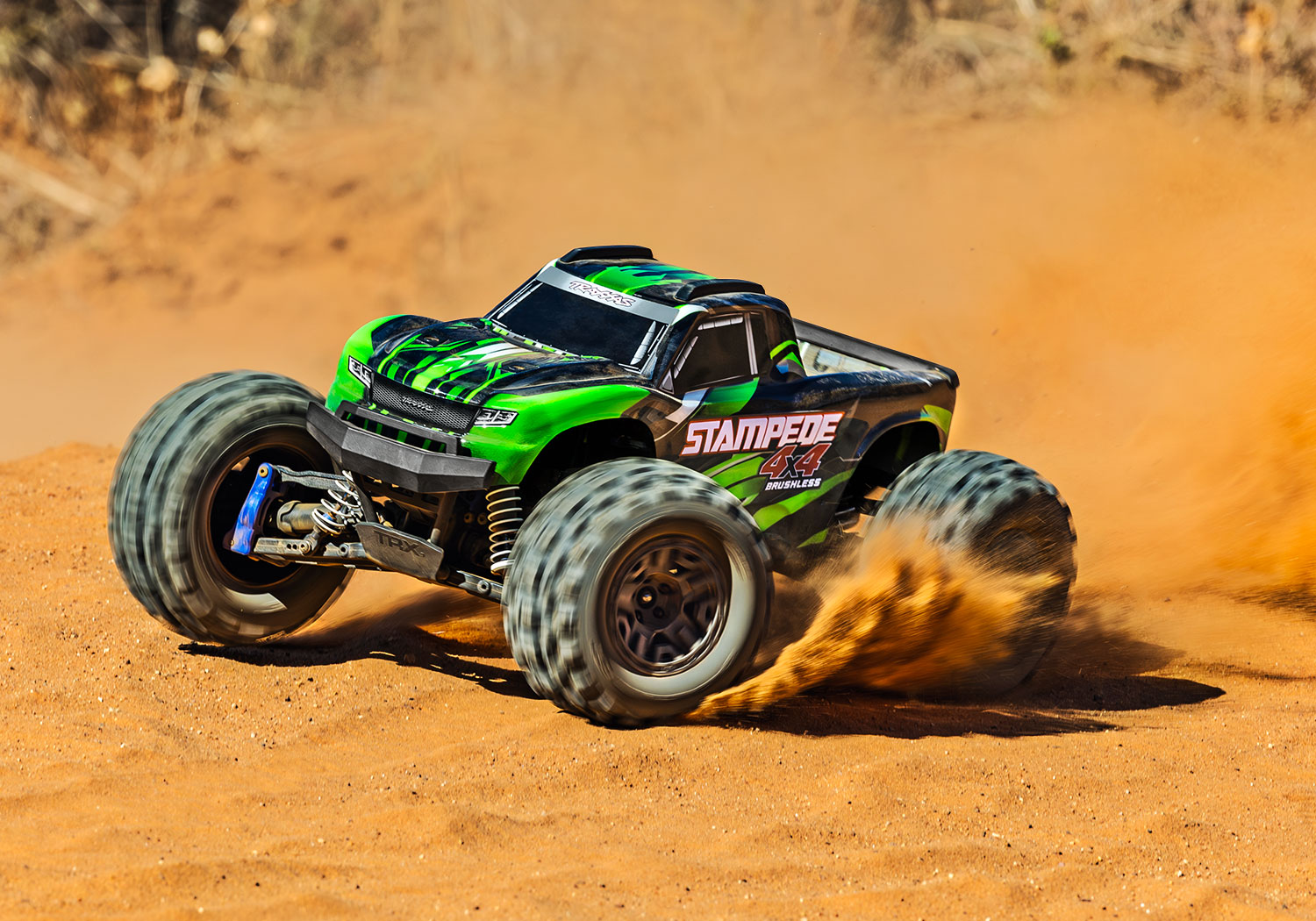 An action shot of the 1/10 Stampede 4x4 BL-2S Ready to Run (Green) (TRA67154-4-GRN).