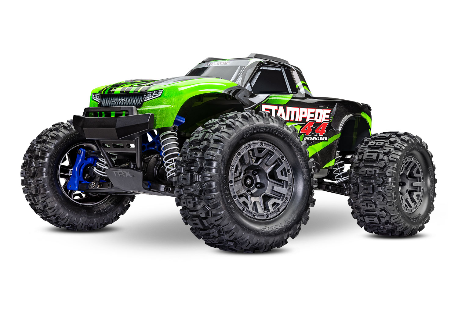 A studio shot of the 1/10 Stampede 4x4 BL-2S Ready to Run (Green) (TRA67154-4-GRN).
