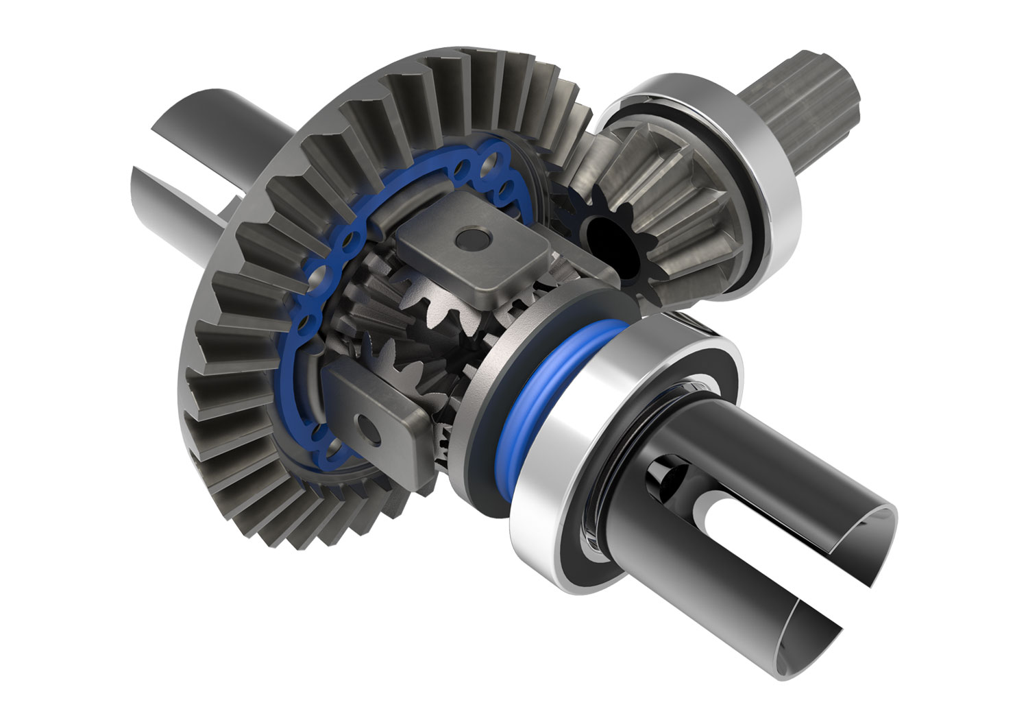 A detail shot of the X-Maxx 8S with Belted Sledgehammer Tires (Blue) (TRA77096-4-BLUE).