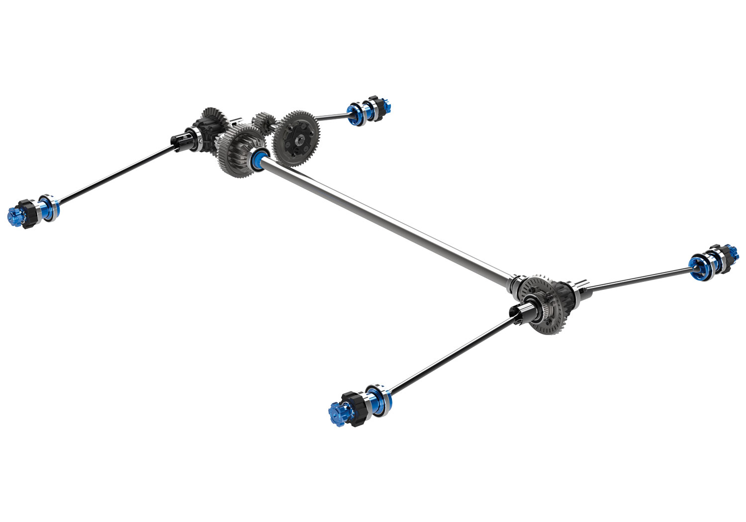 A detail shot of the X-Maxx 8S with Belted Sledgehammer Tires (Blue) (TRA77096-4-BLUE).