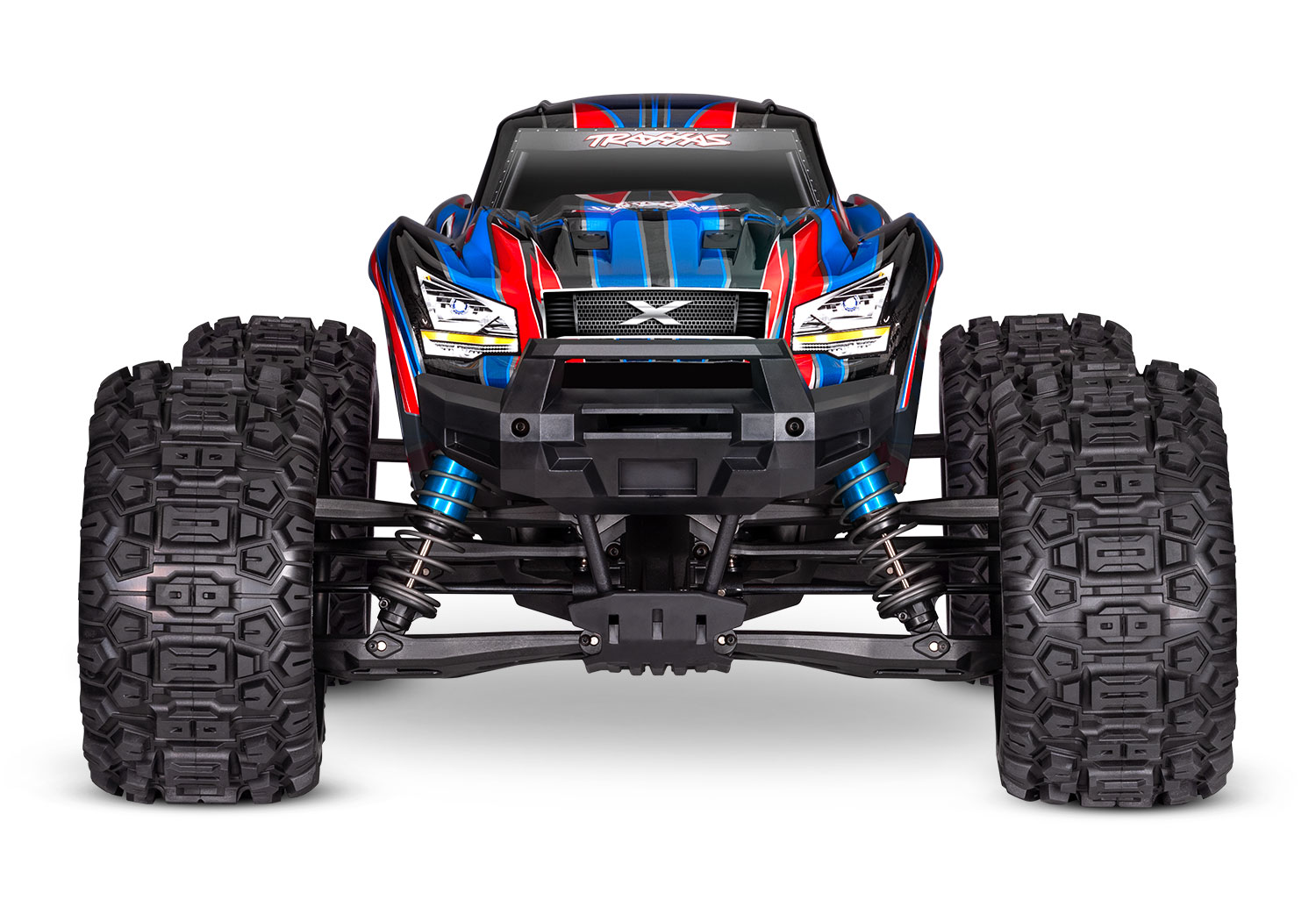 A studio shot of the X-Maxx 8S with Belted Sledgehammer Tires (Blue) (TRA77096-4-BLUE).