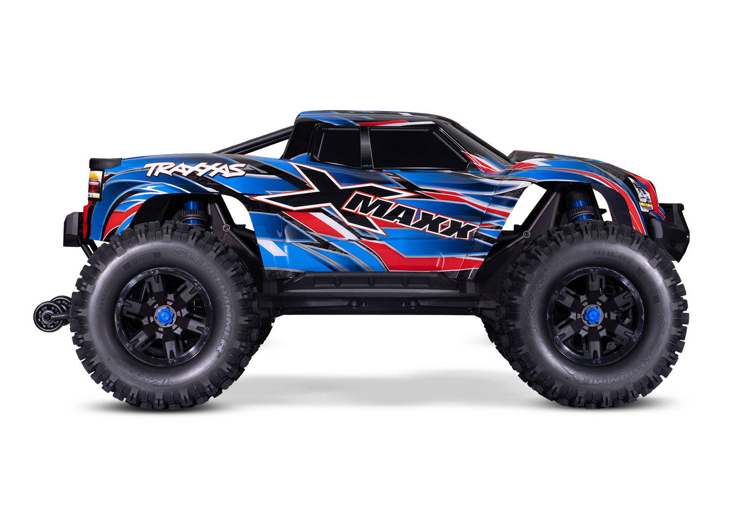 A studio shot of the X-Maxx 8S with Belted Sledgehammer Tires (Blue) (TRA77096-4-BLUE).