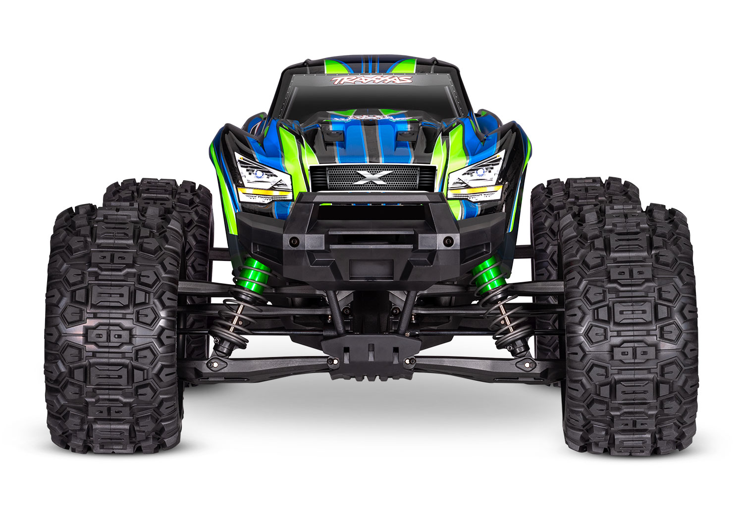 A studio shot of the X-Maxx 8S with Belted Sledgehammer Tires (Green) (TRA77096-4-GRN).