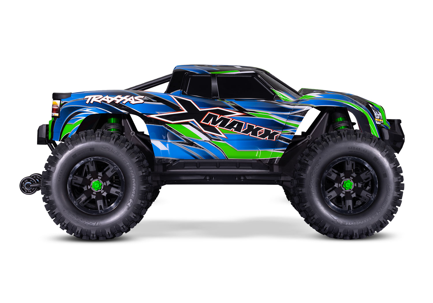 A studio shot of the X-Maxx 8S with Belted Sledgehammer Tires (Green) (TRA77096-4-GRN).