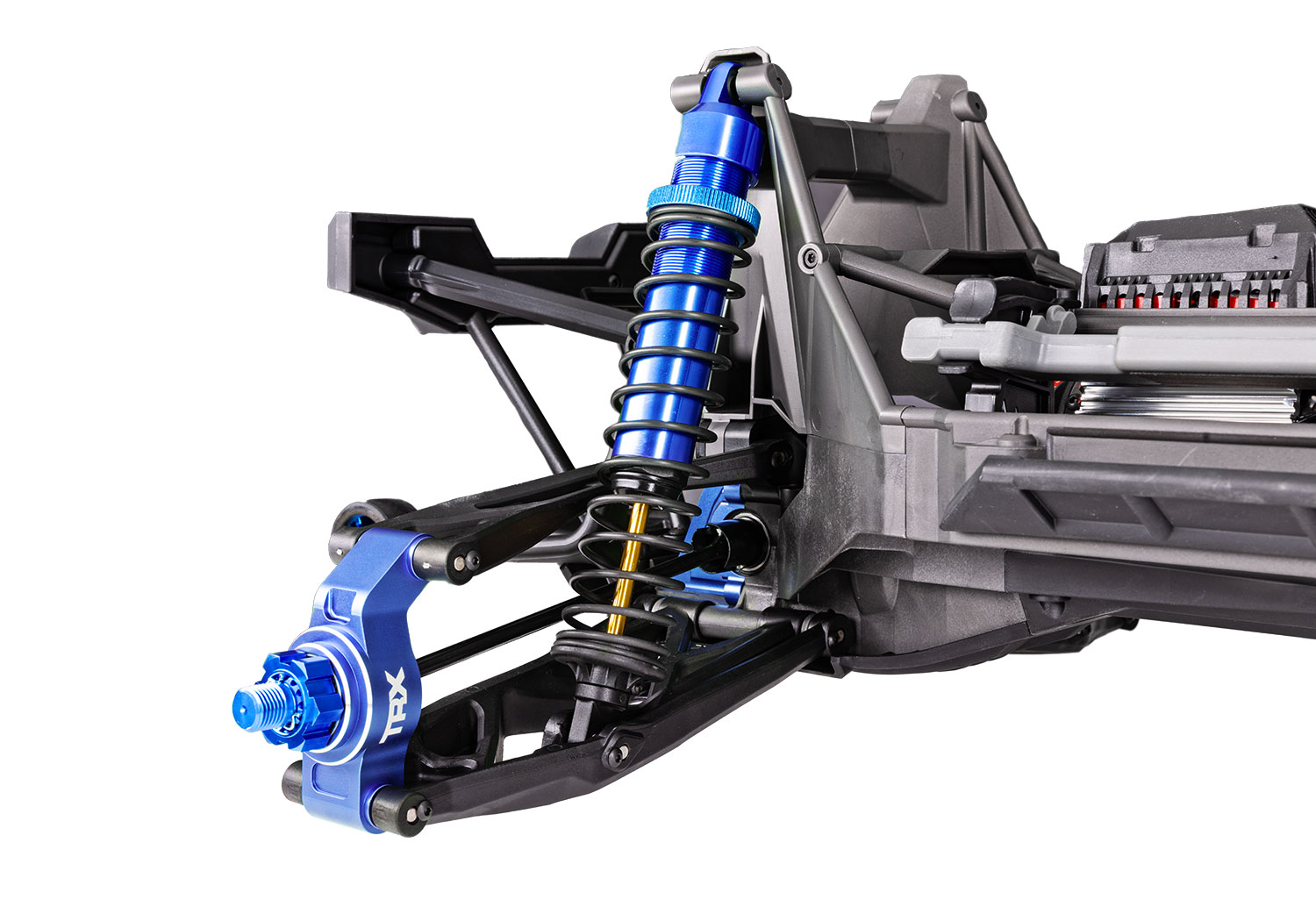A detail shot of the X-Maxx 8S Ultimate Ready to Run (Blue) (TRA77097-4-BLUE).