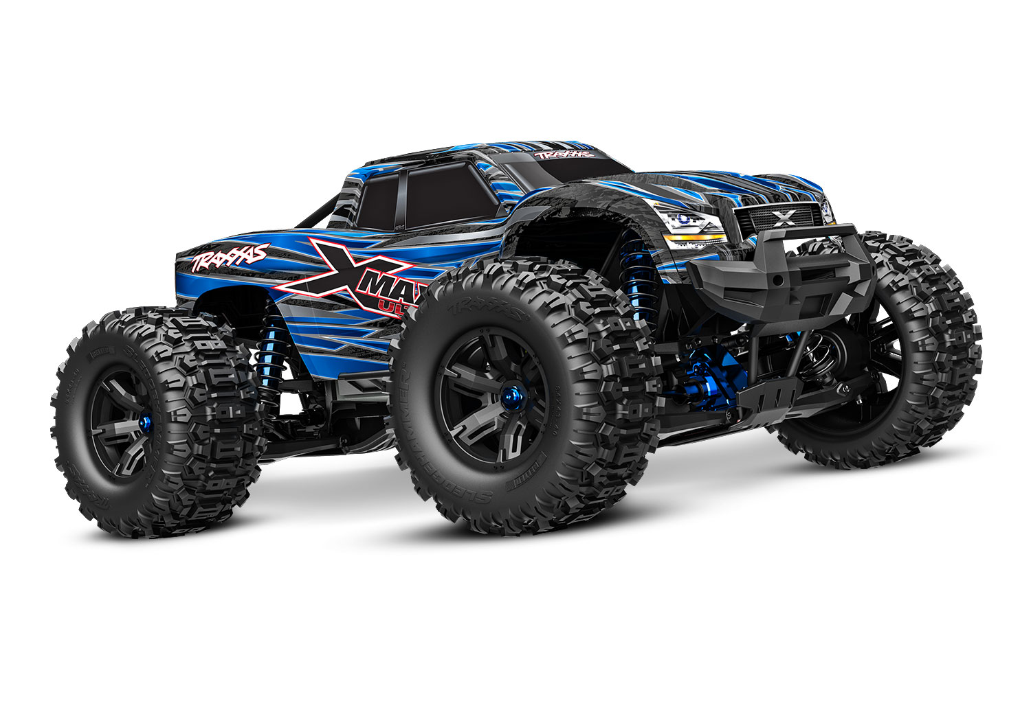 A studio shot of the X-Maxx 8S Ultimate Ready to Run (Blue) (TRA77097-4-BLUE).