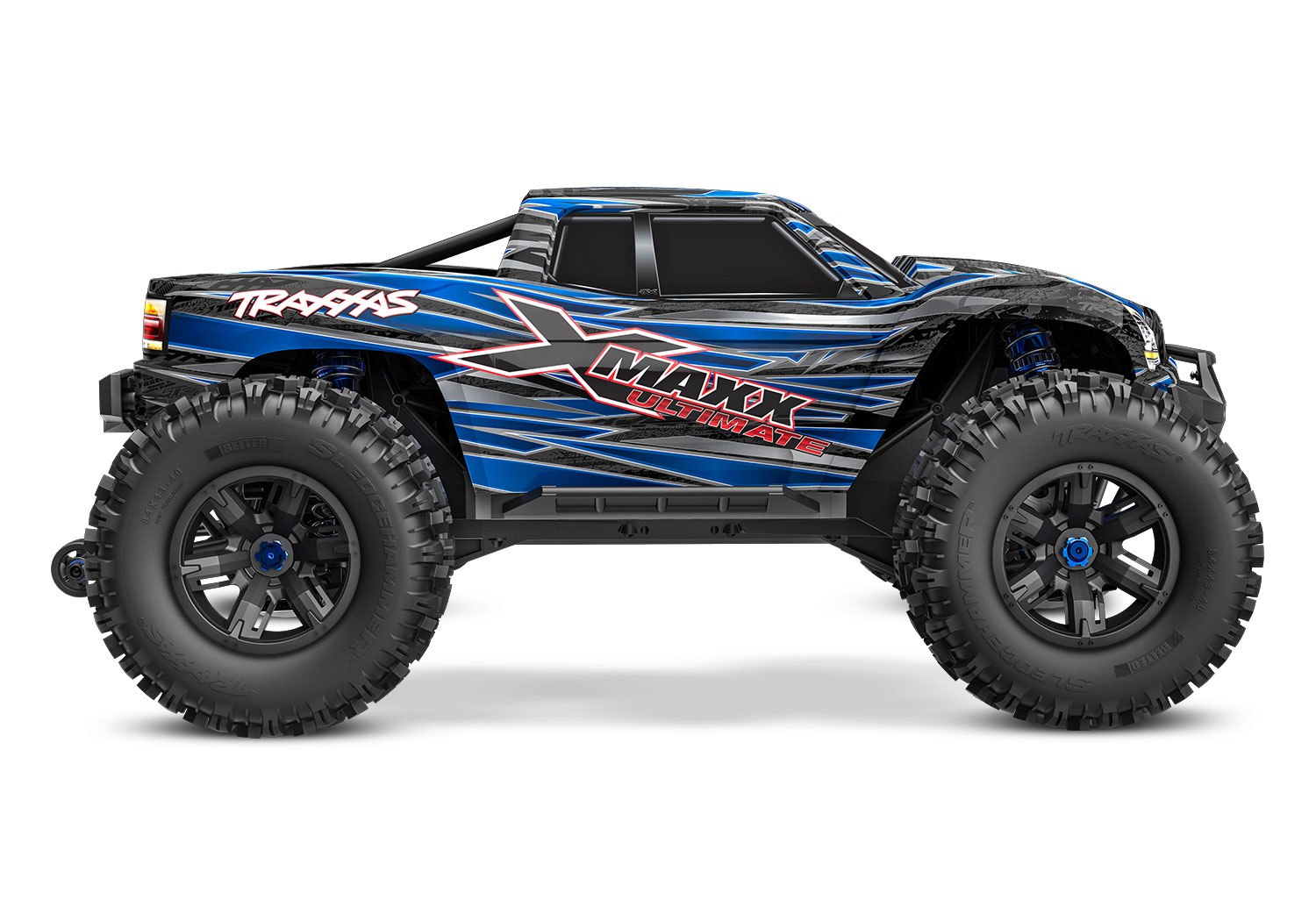 A studio shot of the X-Maxx 8S Ultimate Ready to Run (Blue) (TRA77097-4-BLUE).