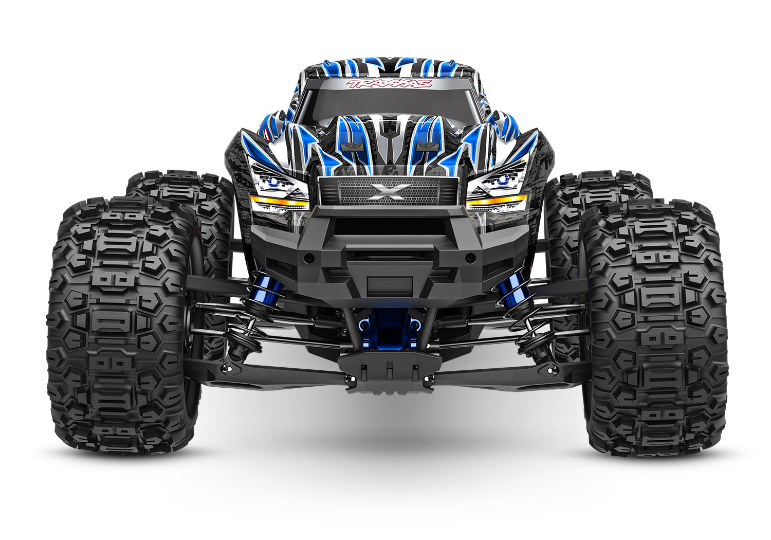 A studio shot of the X-Maxx 8S Ultimate Ready to Run (Blue) (TRA77097-4-BLUE).