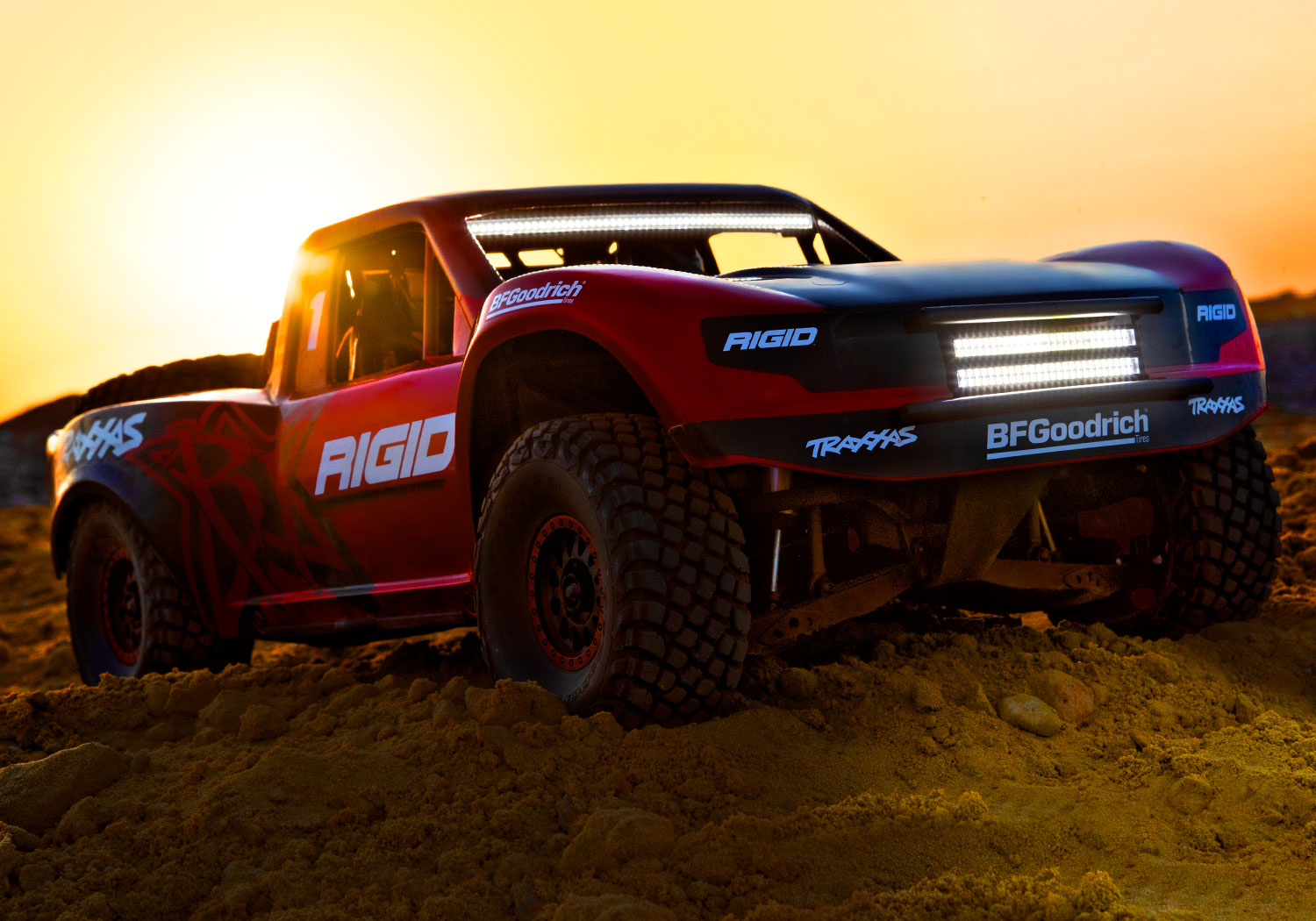 An action shot of the 1/7 Unlimited Desert Racer Ready to Run (Rigid) (TRA85086-4-RGD).