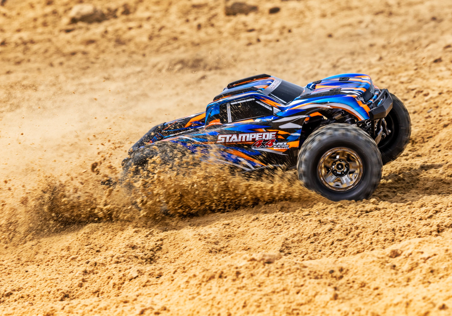 An action shot of the 1/10 Stampede 4x4 VXL with 540XL Motor Ready to Run (Green) (TRA90376-4-GRN).