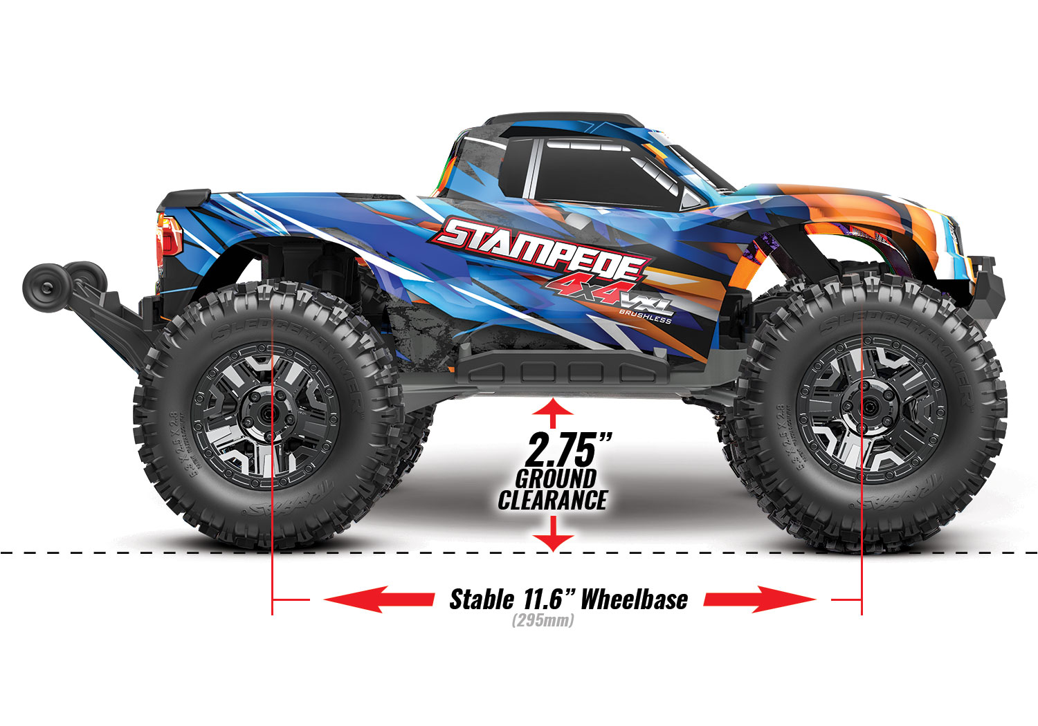 A detail shot of the 1/10 Stampede 4x4 VXL with 540XL Motor Ready to Run (Orange) (TRA90376-4-ORNG).