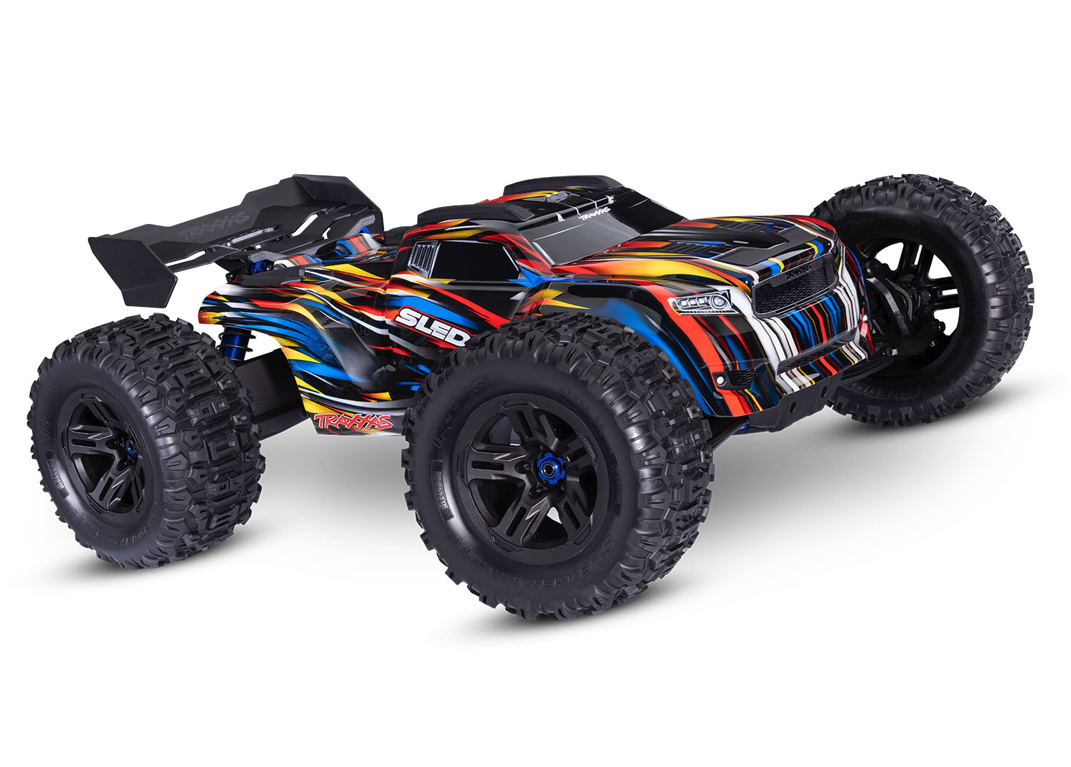 A studio shot of the 1/8 Sledge with Belted Sledgehammer Tires Ready to Run (Blue) (TRA95096-4-BLUE).