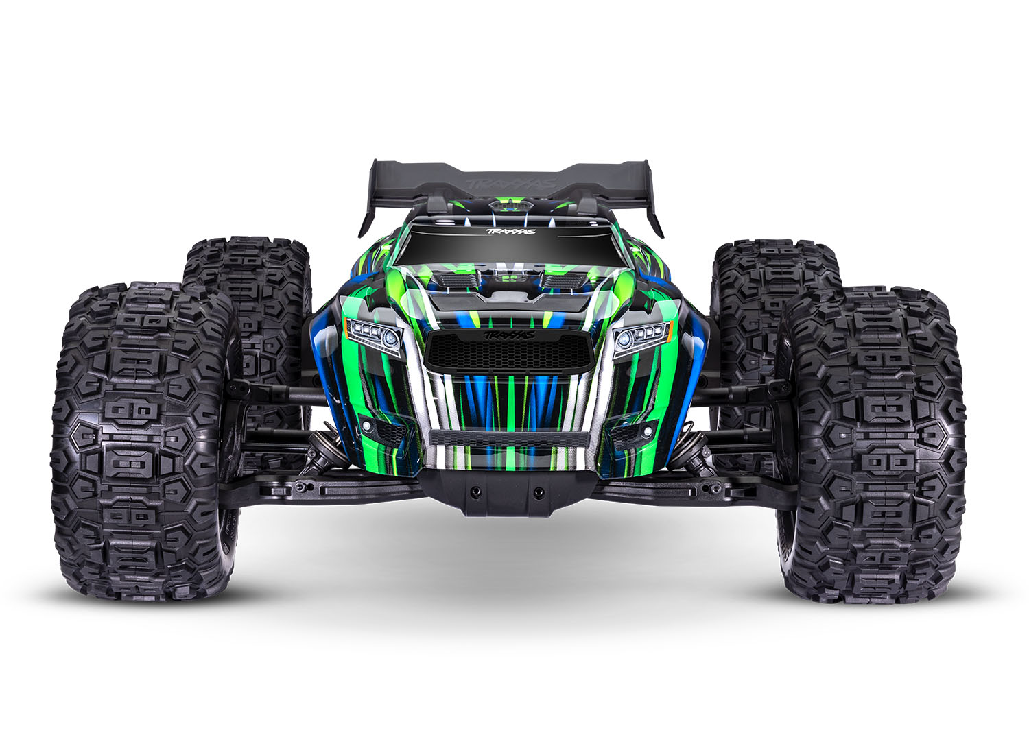 A studio shot of the 1/8 Sledge with Belted Sledgehammer Tires Ready to Run (Green) (TRA95096-4-GRN).