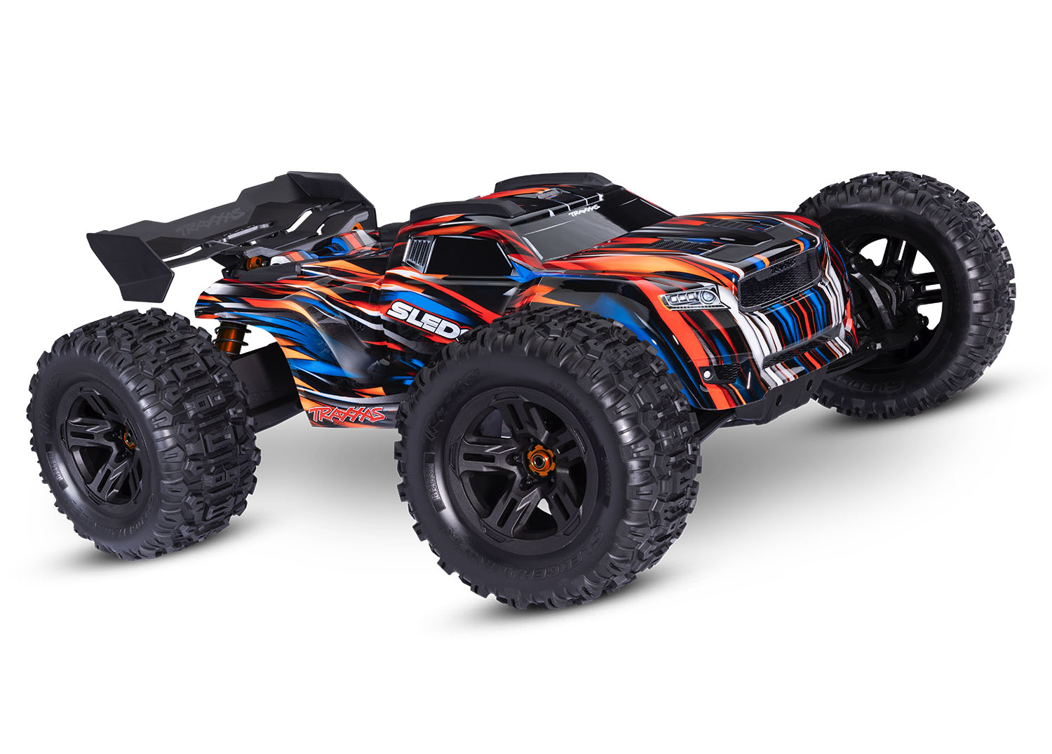 A studio shot of the 1/8 Sledge with Belted Sledgehammer Tires Ready to Run (Orange) (TRA95096-4-ORNG).
